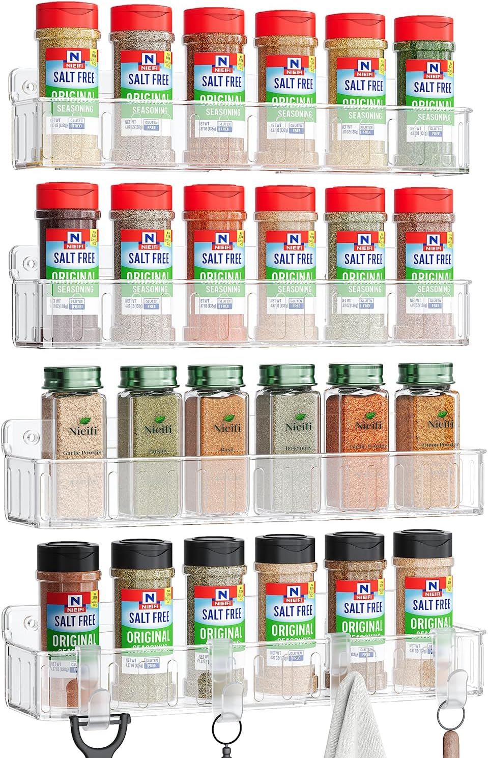 Nieifi Spice Rack Wall Mount, 4 Pack, Clear, 2 Inch Depth, Screw or Adhesive Installation, Spice Rack Organizer for Small Spice Jars, Suitable for Kitchen Cabinet or Pantry Door
