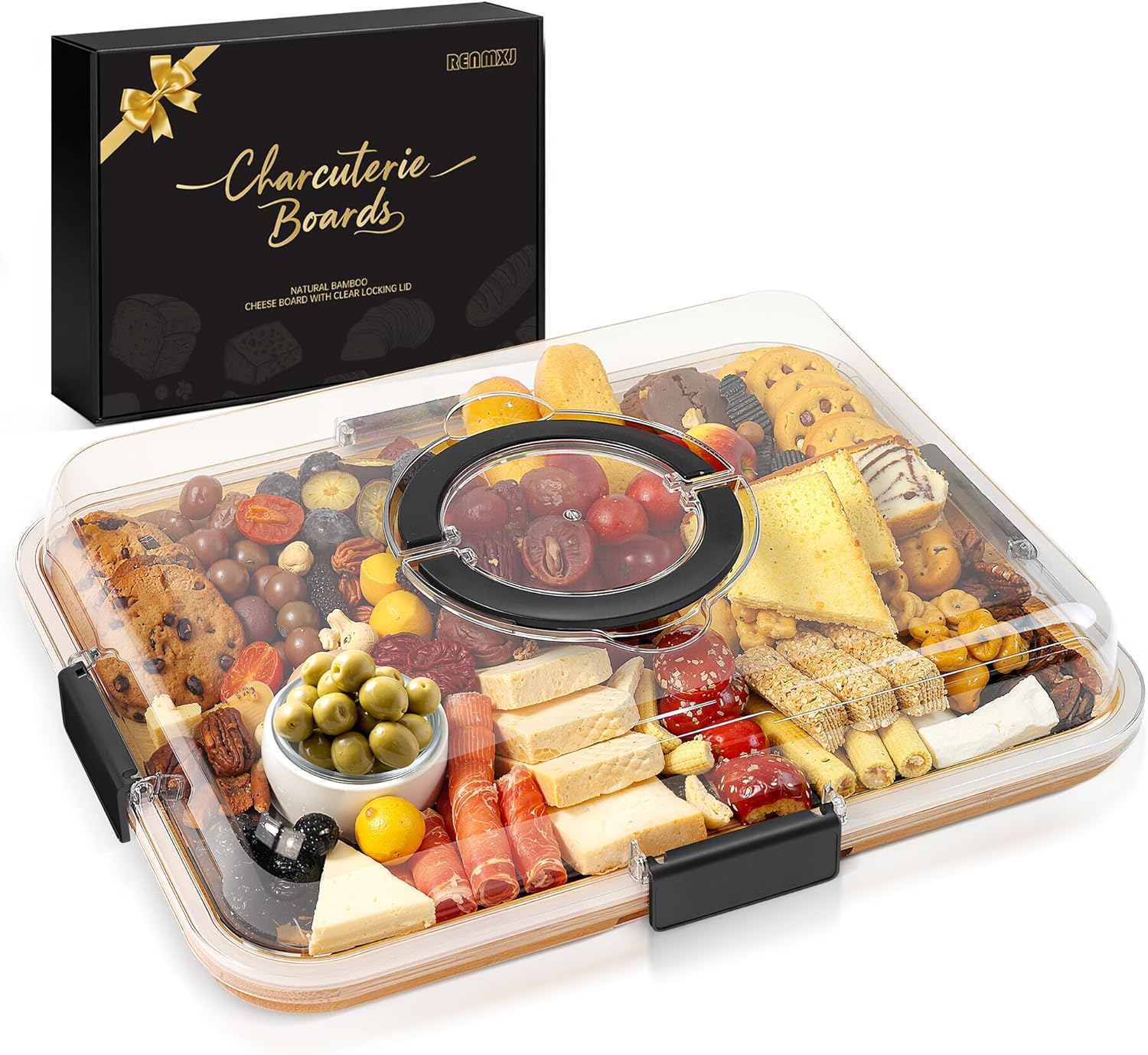 Renmxj Charcuterie Board with Clear Lid, Travel Portable Cheese Board Charcuterie Box Cutting Boards for Kitchen, Picnic and Party, House Warming Gifts New Home (Black, 6 Compartments)