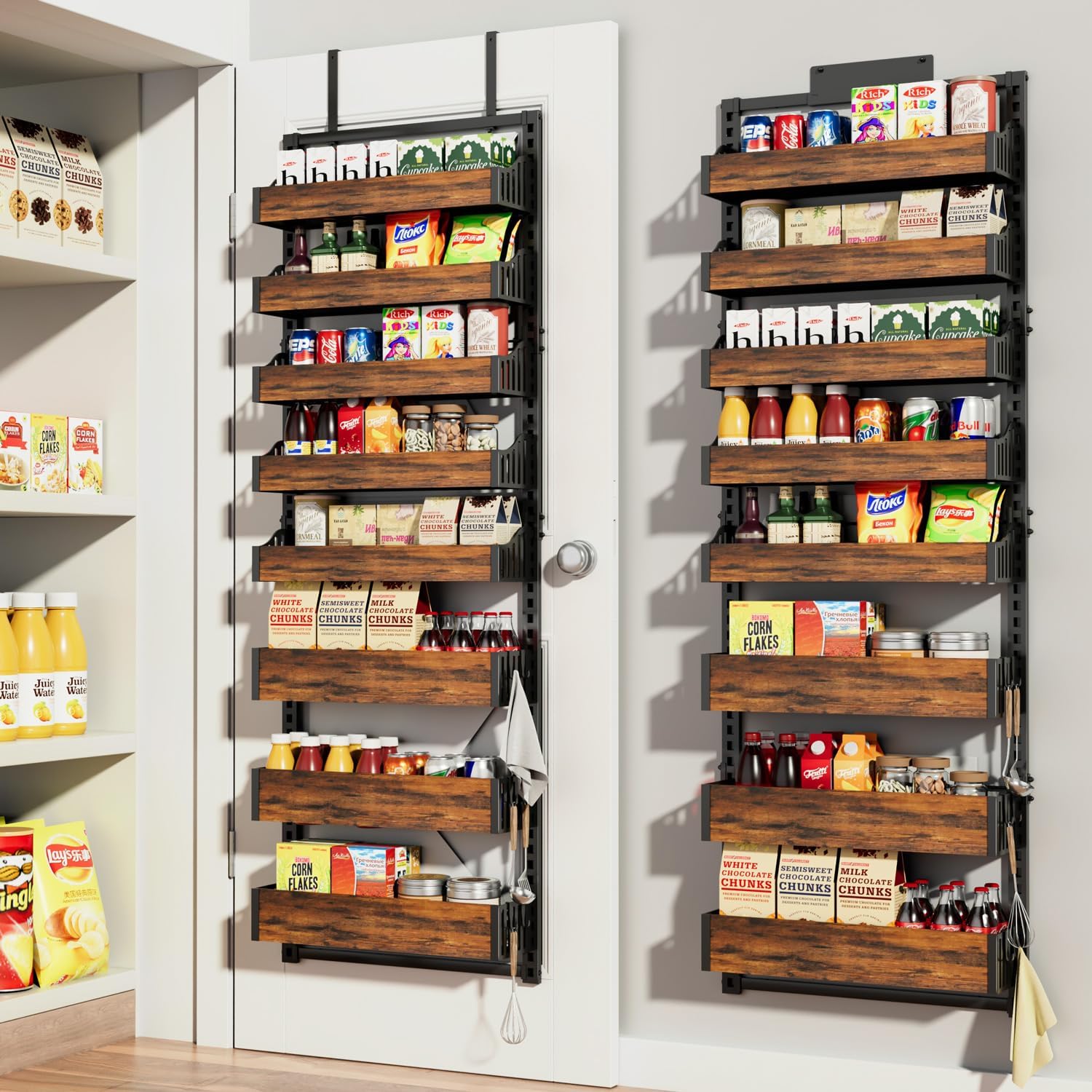 Over the Door Pantry Organizer: Pantry Organization and Storage with Hanging Basket – 8-Tier Adjustable Shelves Metal Spice Rack for Kitchen Laundry Room Bedroom & Bathroom
