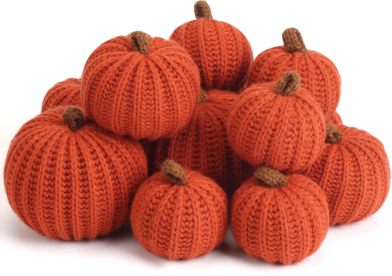 12-Pack Fall Crochet Pumpkins Handmade Fall Decor Set with 2.36, 3.15, 4inch Sizes Knit Pumpkins Farmhouse Thanksgiving Table Centerpiece, Halloween Decorations (Dark Orange)