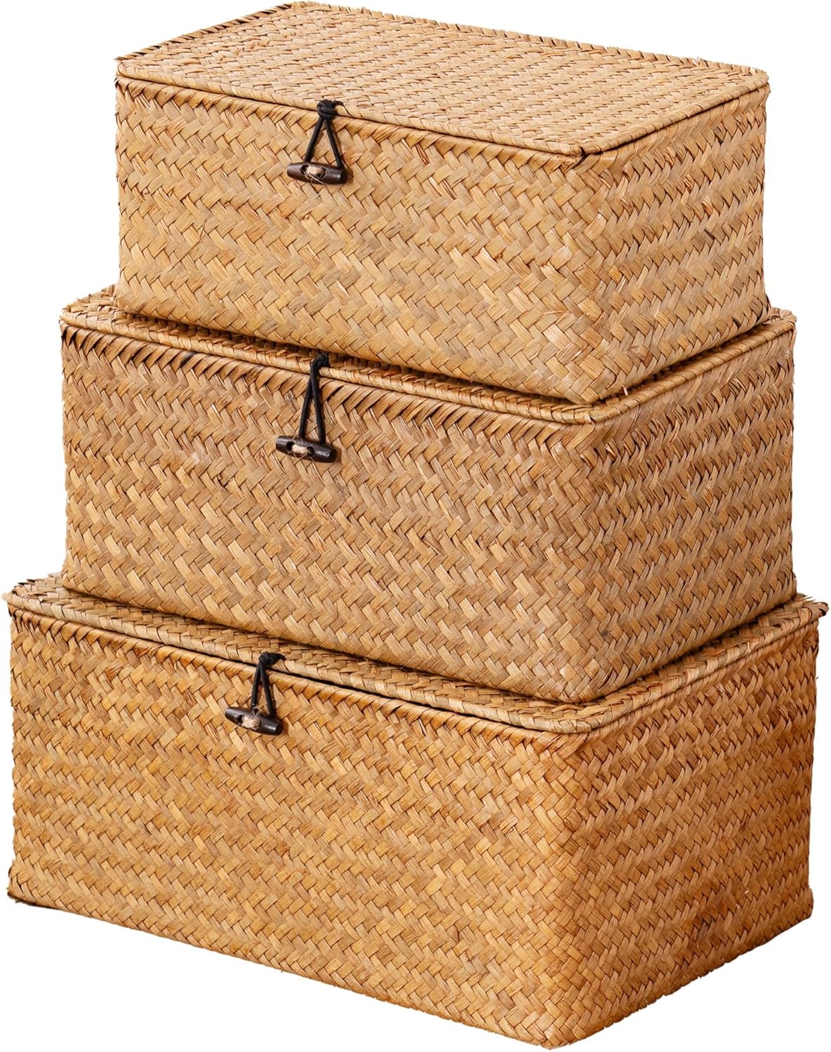 Nonam Storage Basket with Lid, Natural Seagrass Bin with Lid Set of 3, Shelf Baskets Multipurpose Container for Boho Decoration, Rectangular Household Storage Boxes for Home Organization-Natural