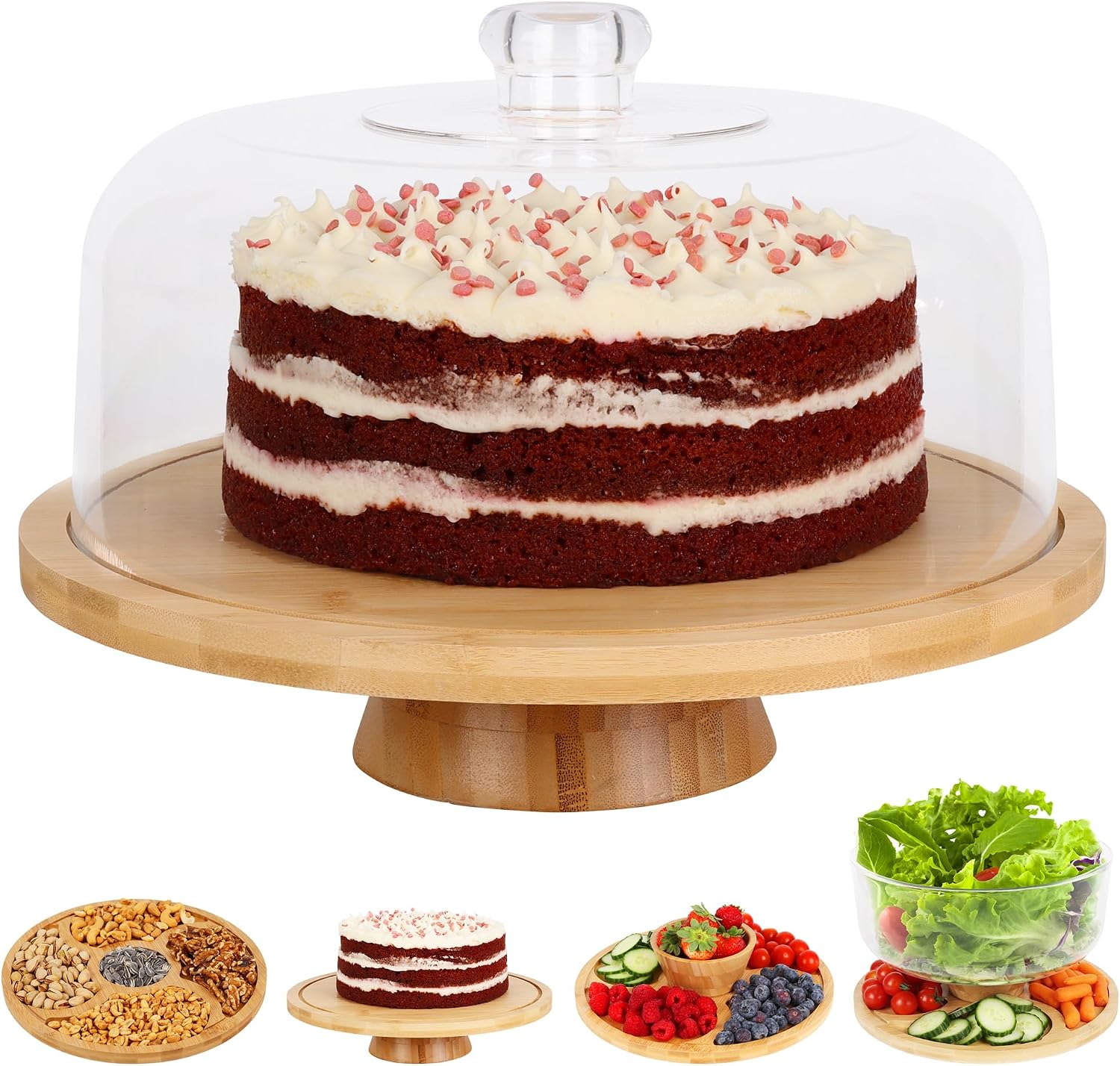 JOEY’Z 6 in 1 Large Bamboo Wood Cake Stand with Lid | Multiuse Wooden Cake Stand with Dome Acrylic Cake Cover/Cake Dome – Cake Holder With Lid – Bamboo Base Punch Bowl Cake Stands