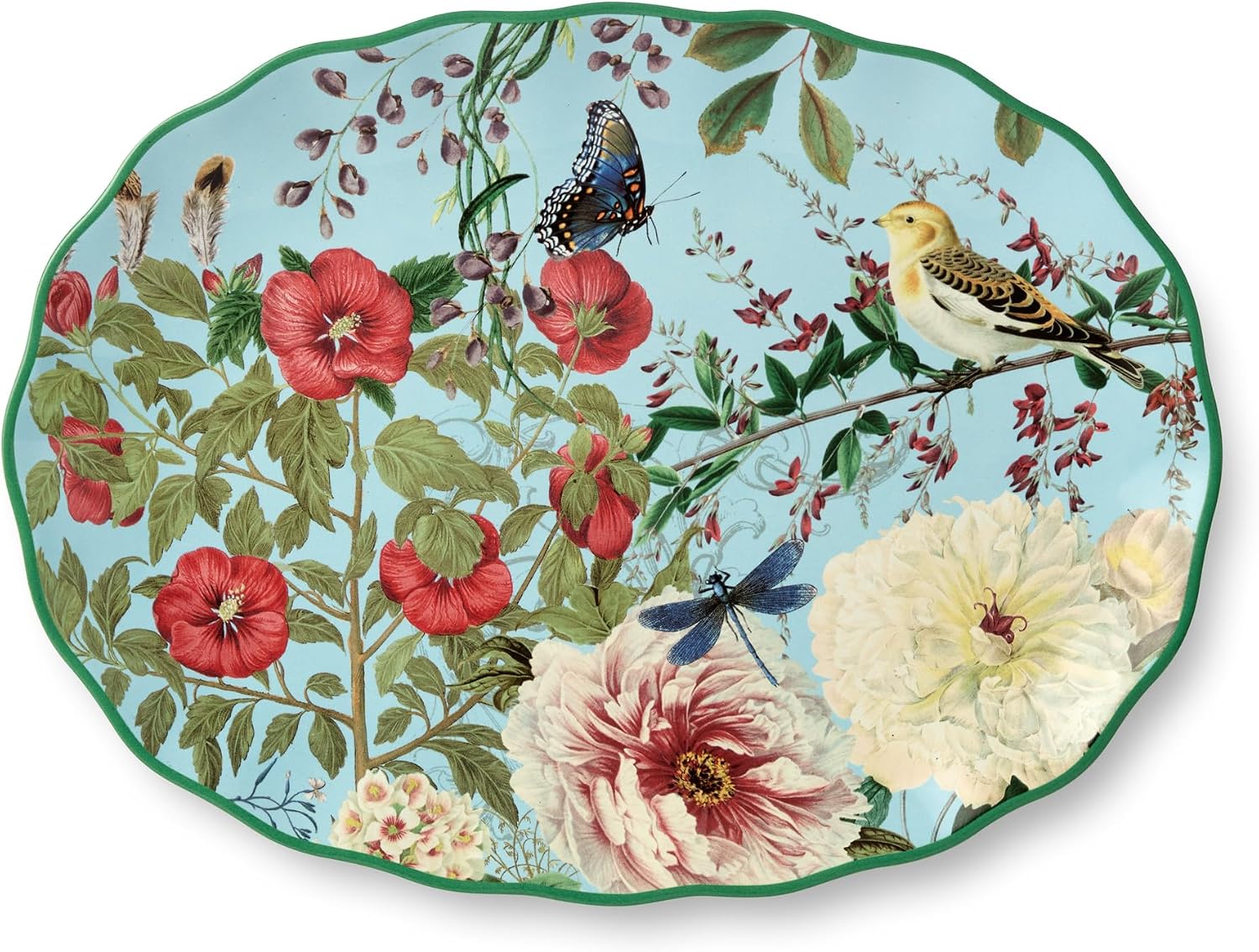 Flora Ceramic Oval Platter – 14″ x 10″ Large Decorative Serving Dish with Pastel Floral, Butterfly, and Bird Patterns, Perfect for Appetizers, Charcuterie, and Dessert