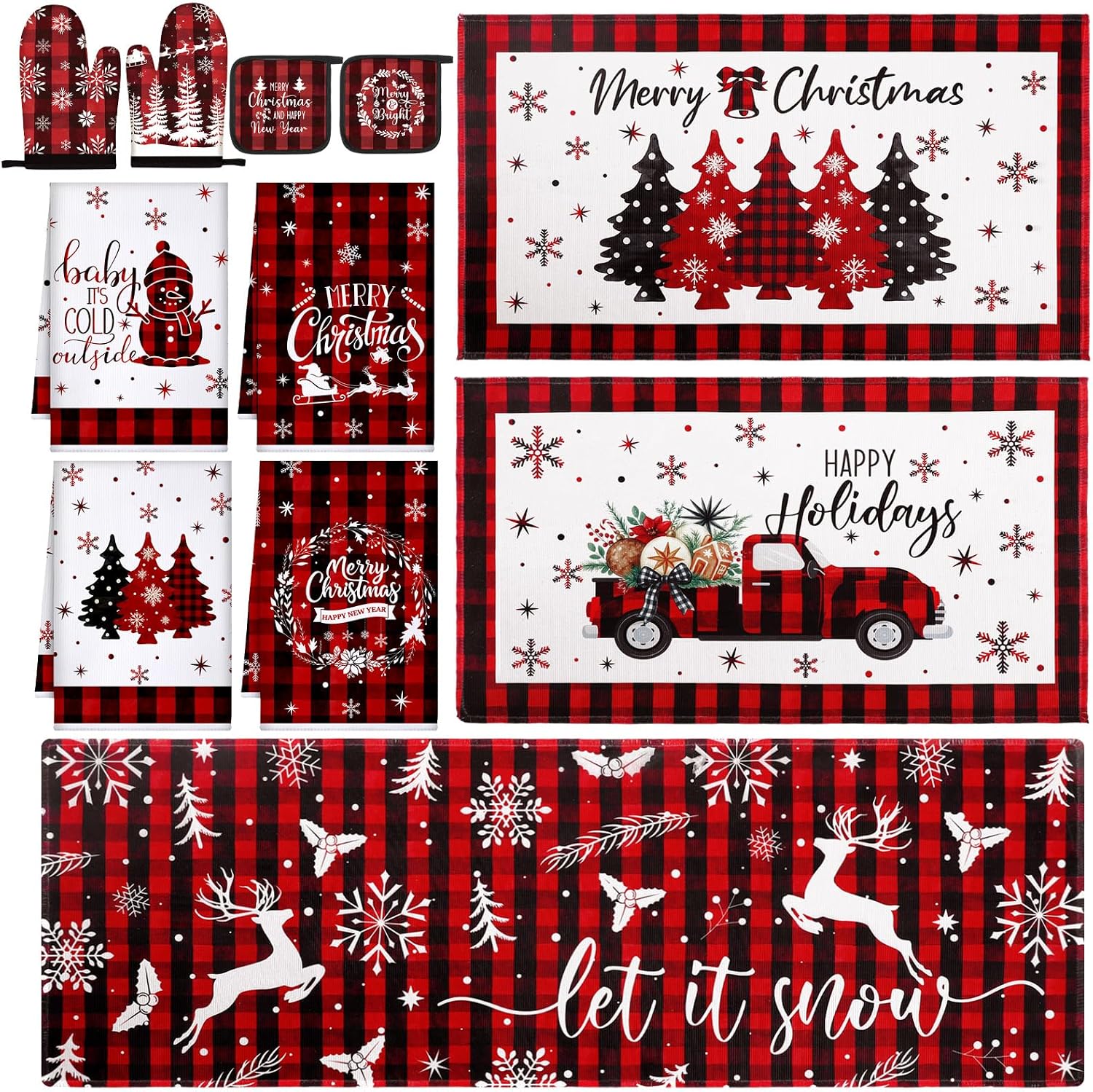 Teenyyou 11 Pcs Christmas Plaid Kitchen Mats Oven Mitts Kitchen Towels and Pot Holders Set Christmas Floor Mats Red and Black Rugs Let It Snow Decorations for Home Cooking Party Gift