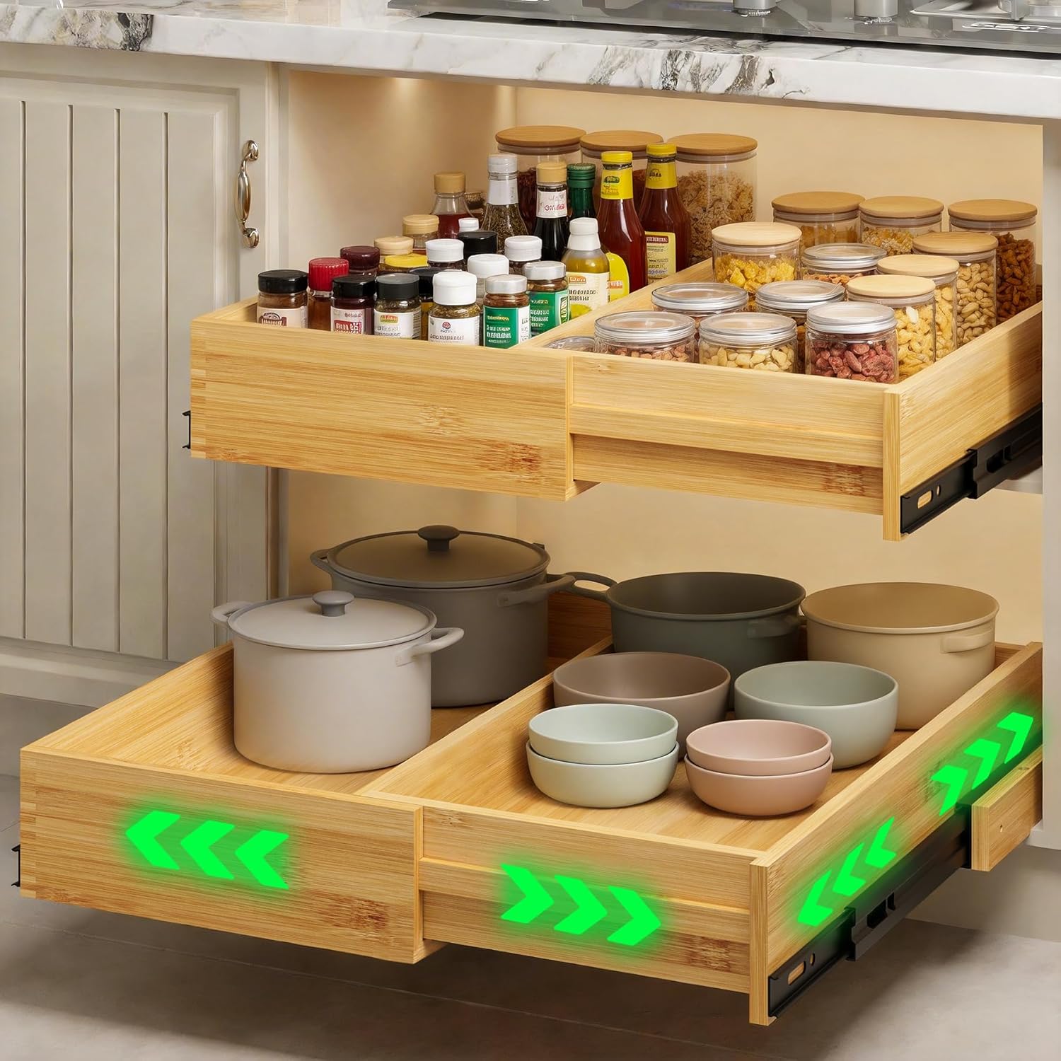 BAMEOS 2-Pack 14″ to 20″ Adjustable Width Soft Close Slide Out Bamboo Wood Drawer Organizer for Kitchen,Pantry, Bathroom & Under Sink, 2-Pack Wooden Storage, 21″ Depth, 66 lbs Capacity