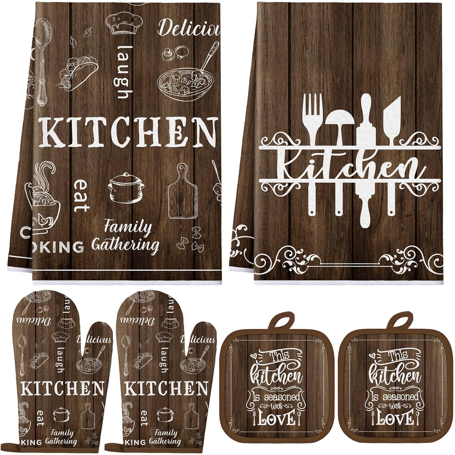 Leinuosen 6 Kitchen Towels Sets Kitchen Decor Accessories Set with Oven Mitts and Pot Holders Farmhouse Oven Glove Decor for Cooking Baking Grilling Supplies(Brown,Vivid)