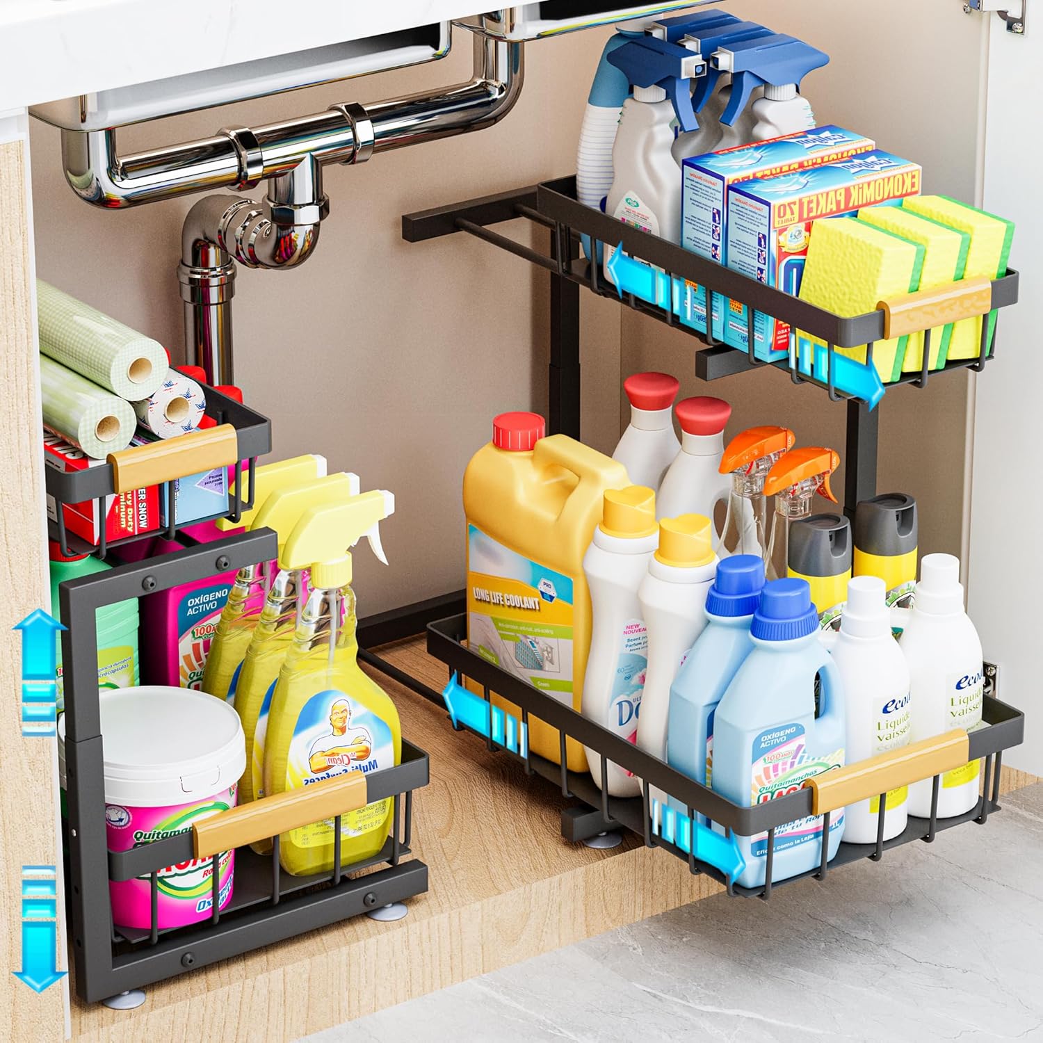 ADBIU Under Sink Organizer, 2 Pack 2 Tier Expandable Height (13.2″ – 17.2″) Pull out Kitchen Bathroom Cabinet Organizers and Storage Shelf