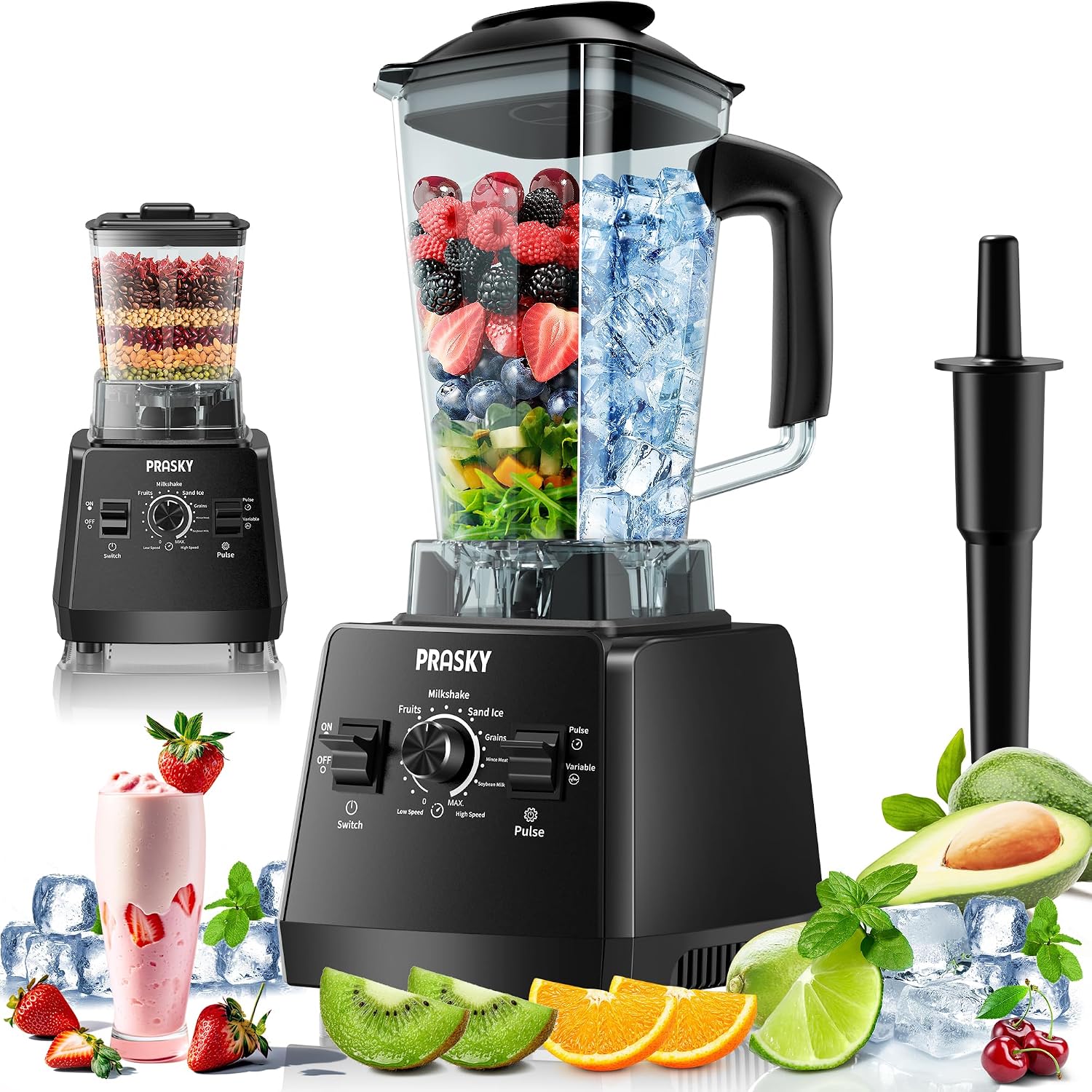 Professional Blender,Smoothies Blenders, PRASKY Max.2400Watts/1000Watts Blender and Grinder Combo 25000RPM Powerful Kitchen 68oz BPA Free 2 Containers Countertop Blenders Ice Crushing, Juice（Black ）