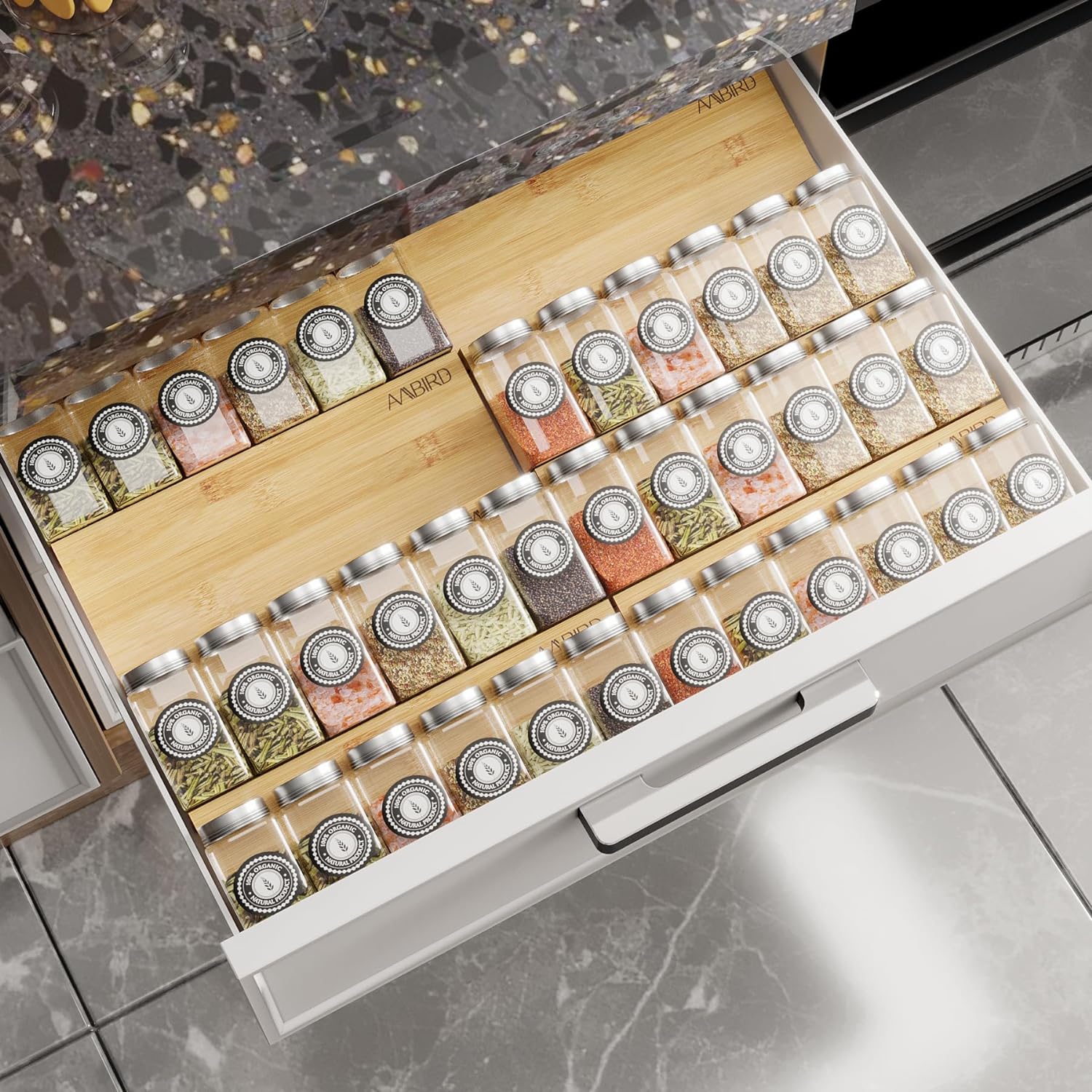 AMBIRD Bamboo Spice Drawer Organizer with Non-slip Mat,4 Tier – 2 Set Jar Spice Rack Tray From 12”to 24”,Hold up 48 Jars Seasoning Organizer for Kitchen,Cabinet,Drawers,Countertop
