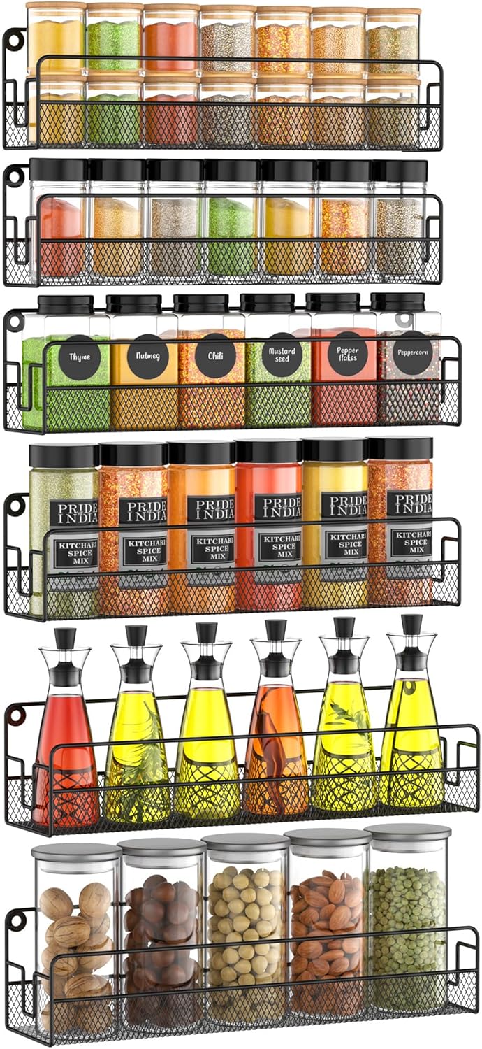 Wall Mounted Spice Rack Organizer, Pantry Door Organizer & Hanging Storage Baskets, Metal Spice Shelf for Kitchen Cabinet, 3 Depth Sizes Hold Large Jars to Nail Polish Bottles, 6 Pack