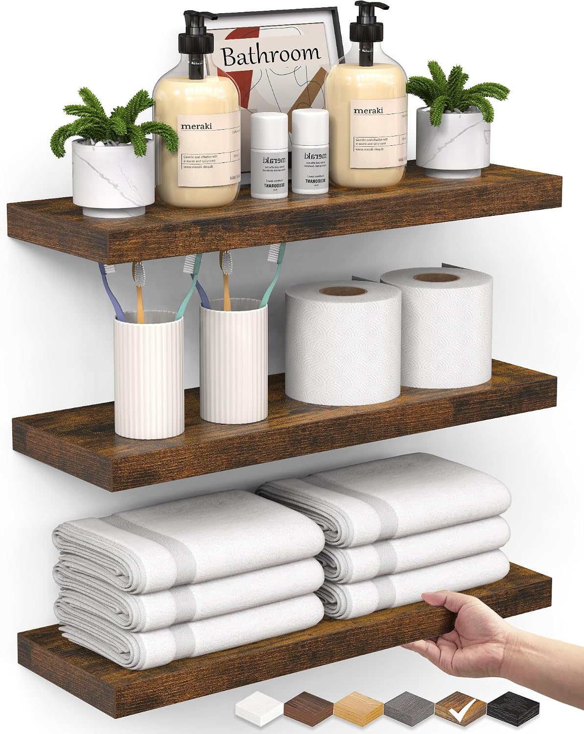 BAYKA Bathroom Floating Shelves for Wall Set of 3 – Rustic Brown Farmhouse Wood Shelves Over Toilet for Bedroom, Kitchen, or Living Room Decor Display, Storage for Plants, Toilet Paper or Bath Towels