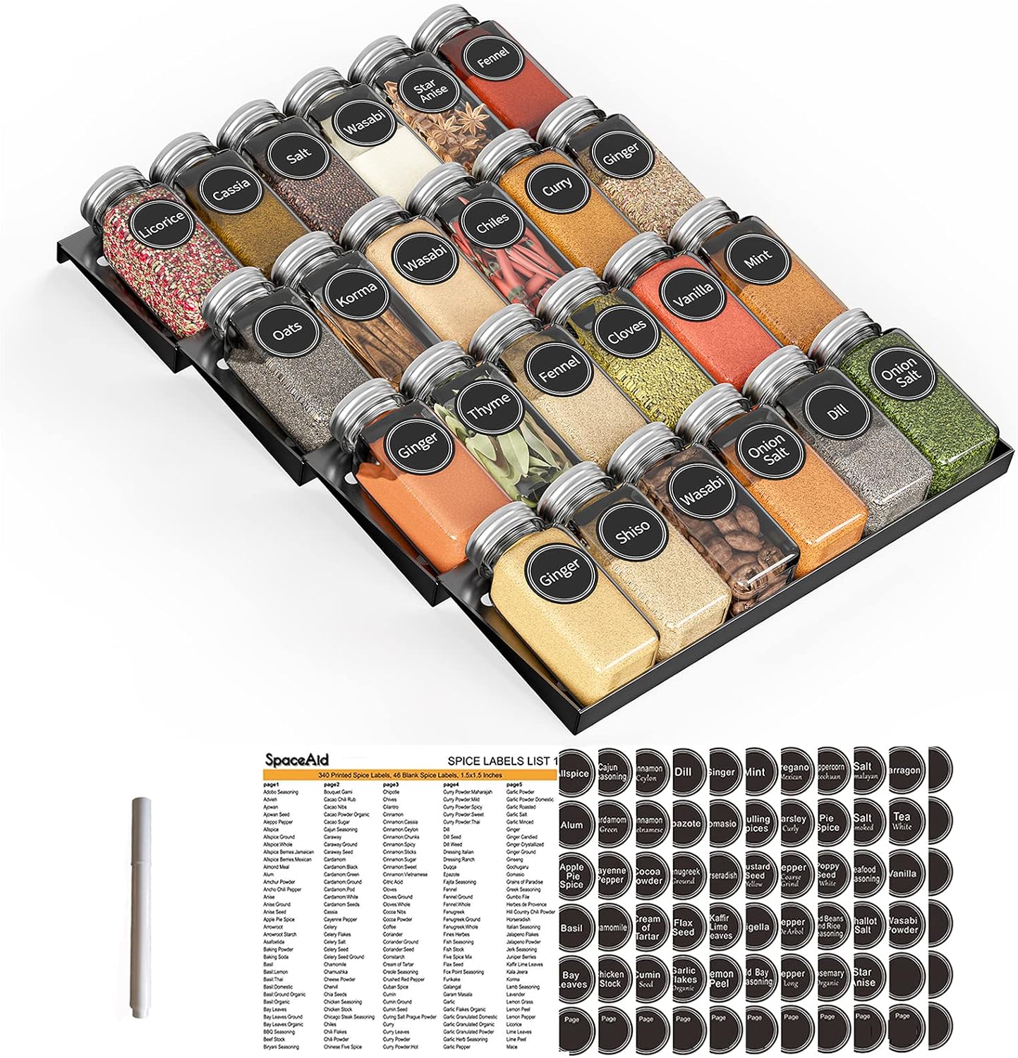SpaceAid Spice Drawer Organizer with 24 Spice Jars, 386 Spice Labels, 4 Tier Seasoning Rack Tray Insert for Kitchen Drawers, 11.25″ Wide x 17.5″ Deep
