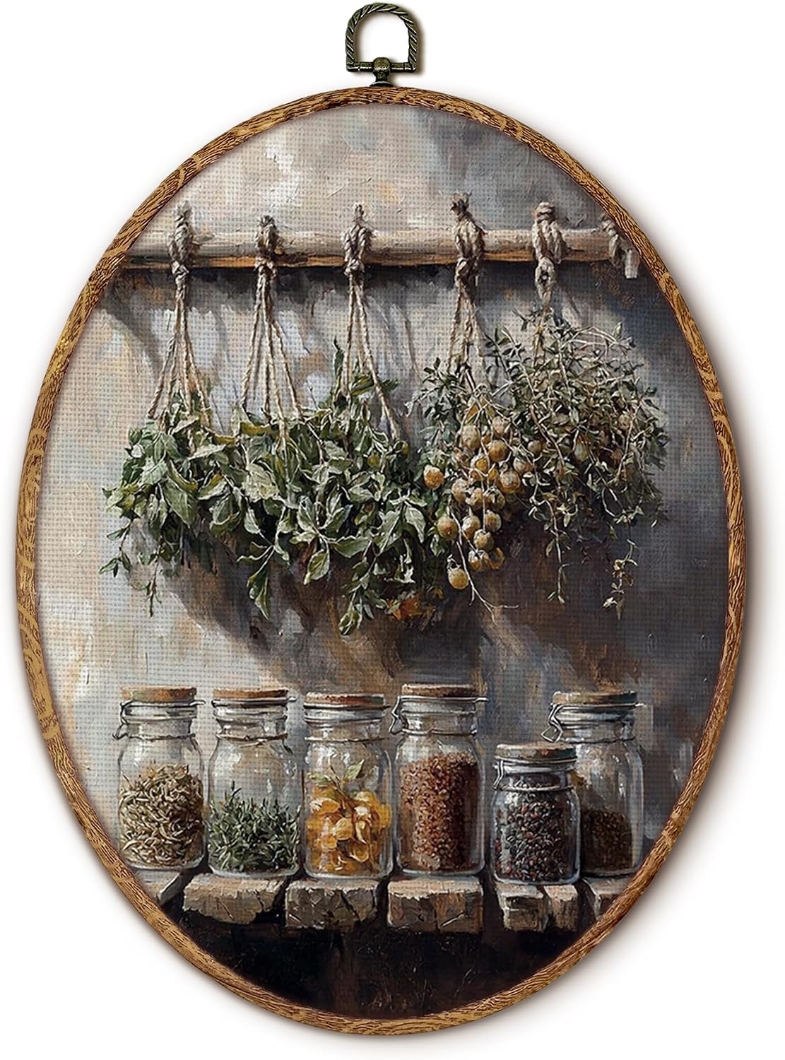 fZSZSD Rustic Kitchen Herb Oval Wall Art Decor, Vintage Dried Herbs Oval Framed Canvas Art Prints, Farmhouse Spices Still Life Wall Hanging Decor for Kitchen Dining Room Home, 8.5×11.5 Inch