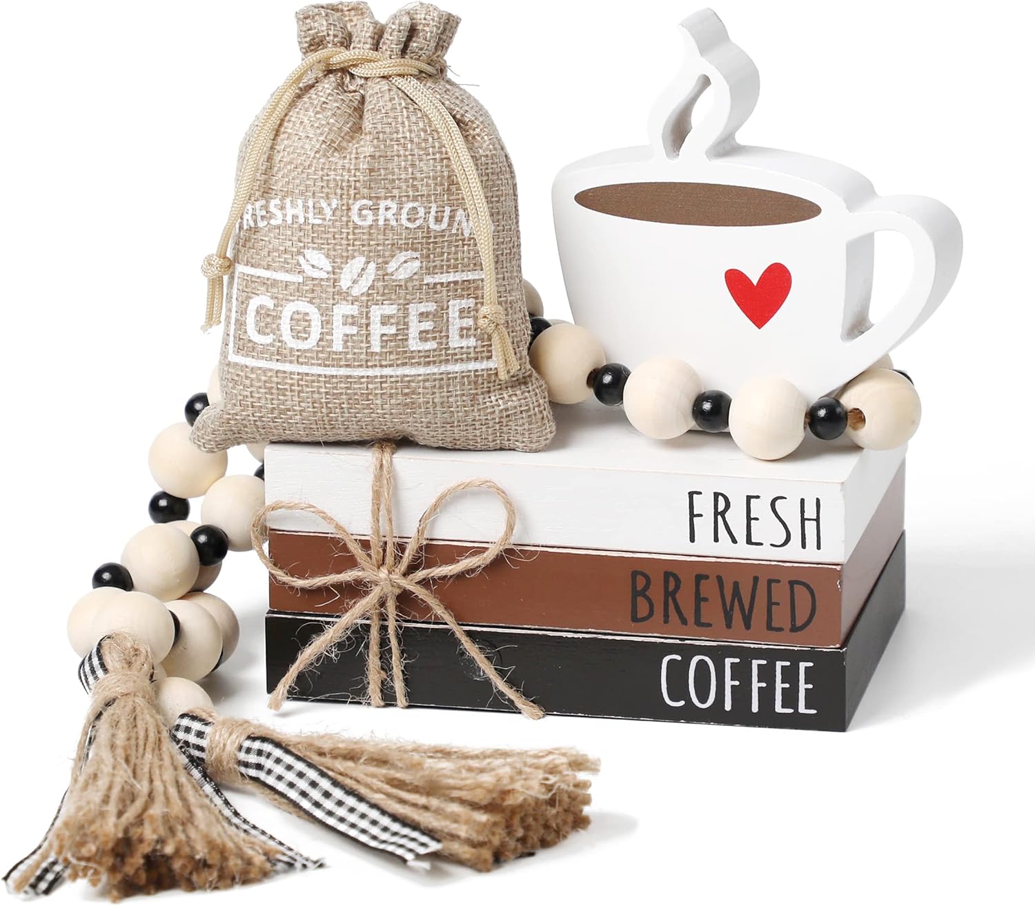 Coffee Bar Decor, 6 PCS Coffee Bar Sign Decorations Wooden Book Stacks with Bead Garland, Coffees Bar Accessories for Tiered Tray Table Shelf Kitchen Rustic Farmhouse Home Decor Coffee Station Decor