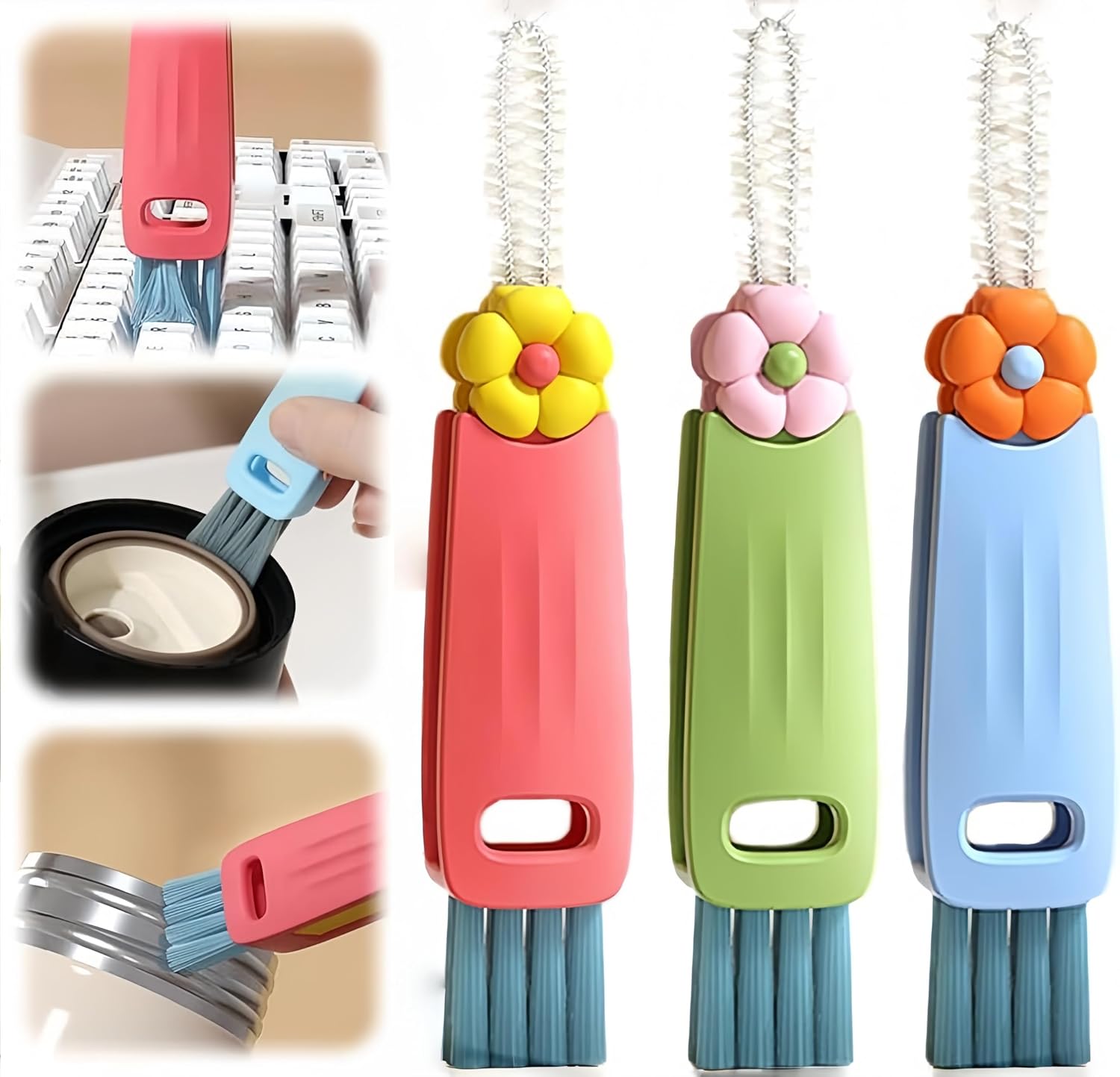 3 in 1 Bottle Cleaning Brush Set, Multifunction Silicone Cup Lid Gap Cleaner, Home Kitchen Crevice Cleaning Tools, Cute Colorful Rabbit，3 Pcs