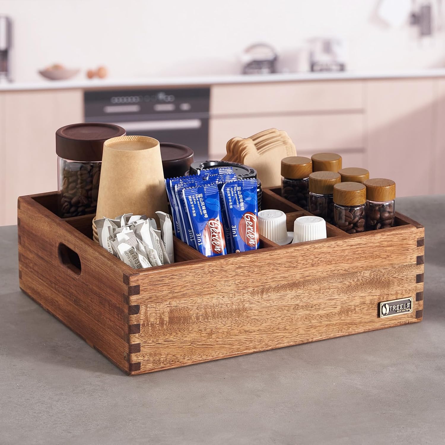 Acacia Wood Coffee Station Organizer for Countertop, Coffee Pods Holder & Condiment Storage Basket, 12-Inch Rustic Farmhouse Bar Decor for Tea Cups, Syrup, Stirrers, Accessories