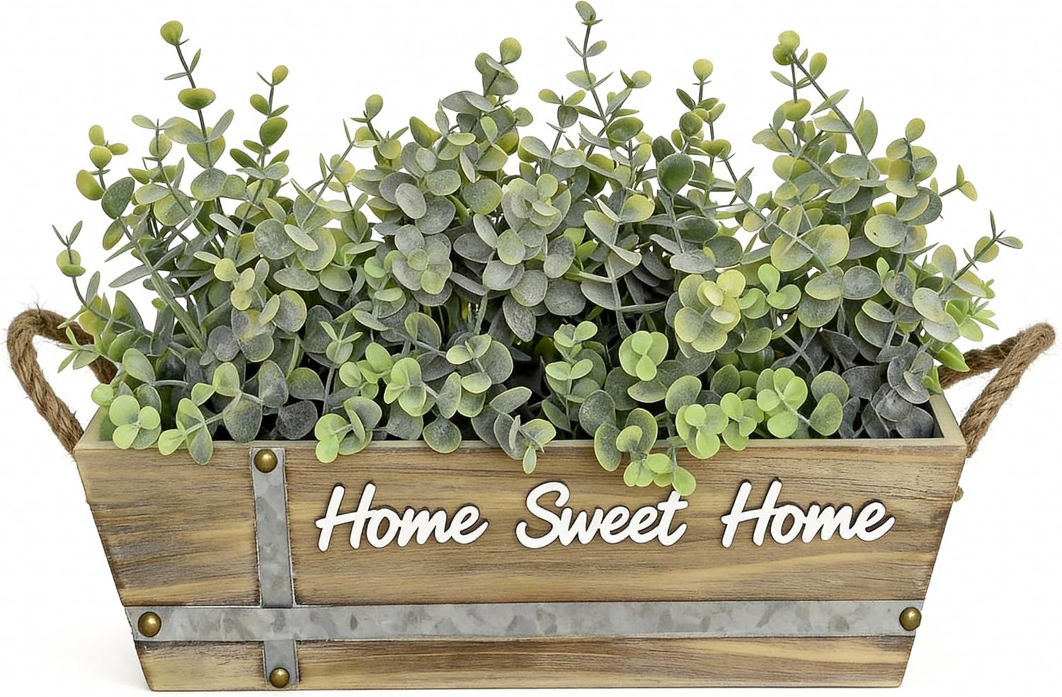 Artificial Eucalyptus Table Centerpiece in Wooden Box, Faux Greenery Arrangement with “Home Sweet Home” Sign, Jute Rope Handles, Farmhouse Rustic Home Décor