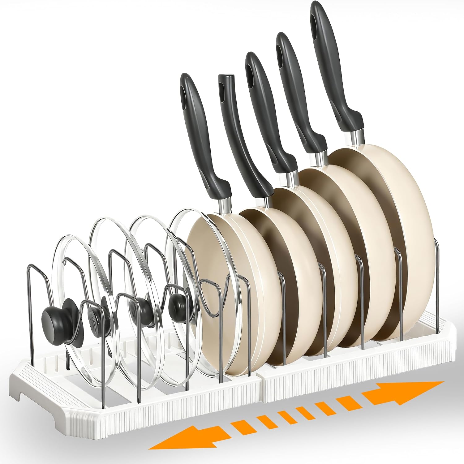 Adjustable Pot Lid Organizer, 9 Compartment Cabinet Storage for Pans, White | Width adjusts 12 to 20 in, holds pots pans lids cutting boards, wire dividers, non-slip feet, space-saving for kitchen