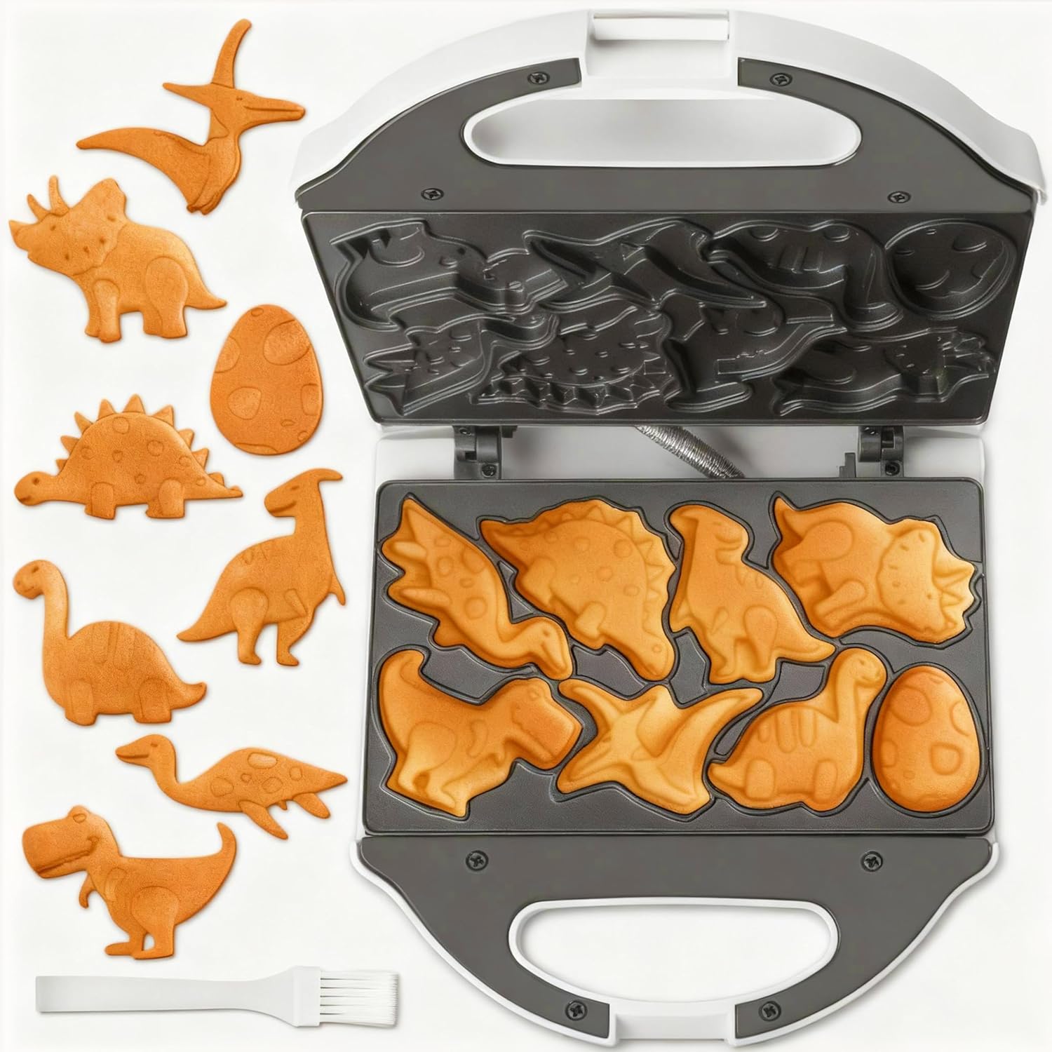 SugarWhisk Dinosaur Mini Waffle Maker for Kids, Mini Pancake Maker Machine for Halloween, 8 Different Shaped Dinos in Minutes, Electric Non-Stick Waffle Iron, White