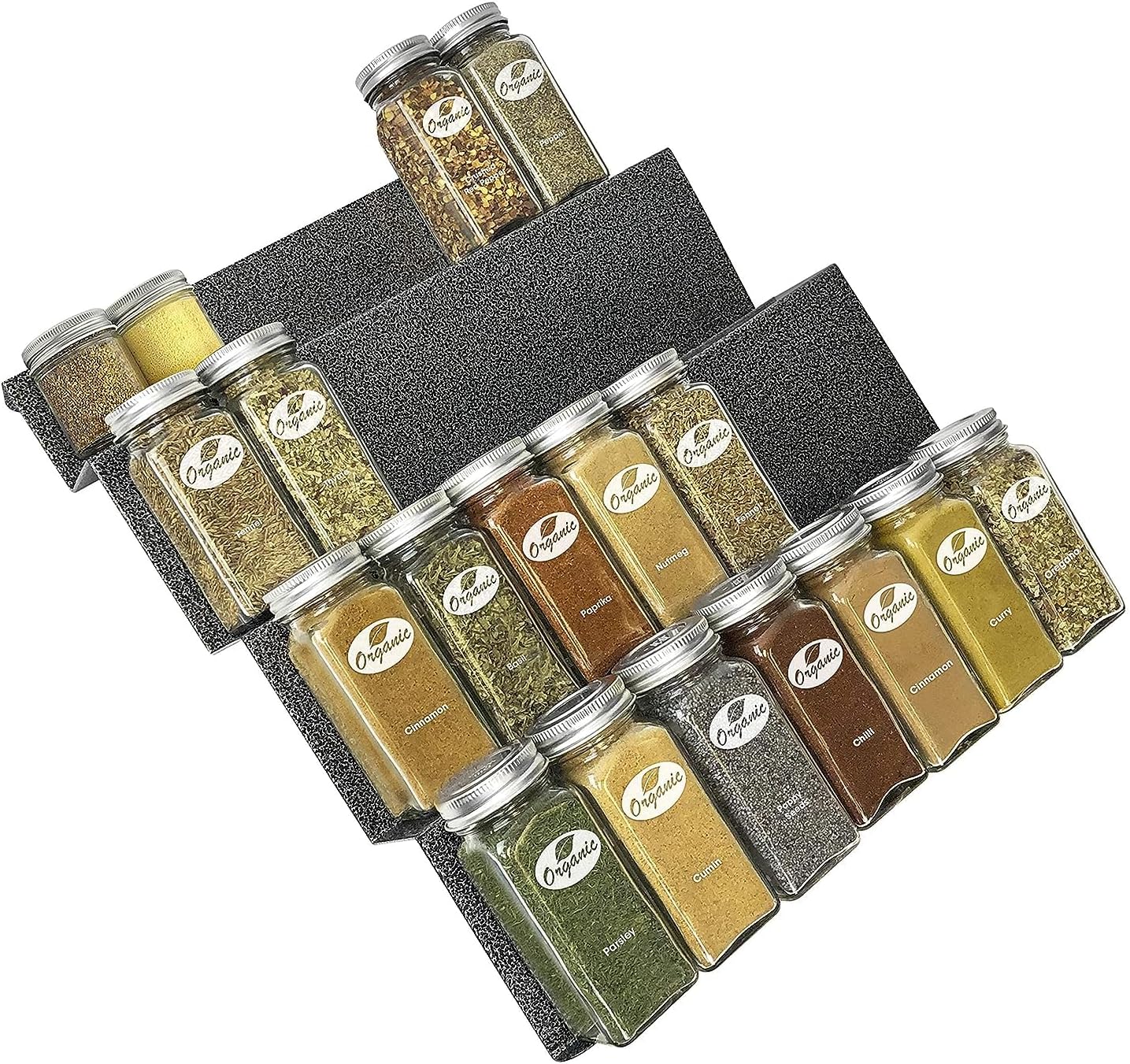 LYNK PROFESSIONAL® Spice Drawer Organizer – Heavy Gauge Steel 4 Tier Rack – Drawer Insert Tray for Jars, Herbs and Seasoning – Kitchen Cabinet Storage – Silver Metallic, Large