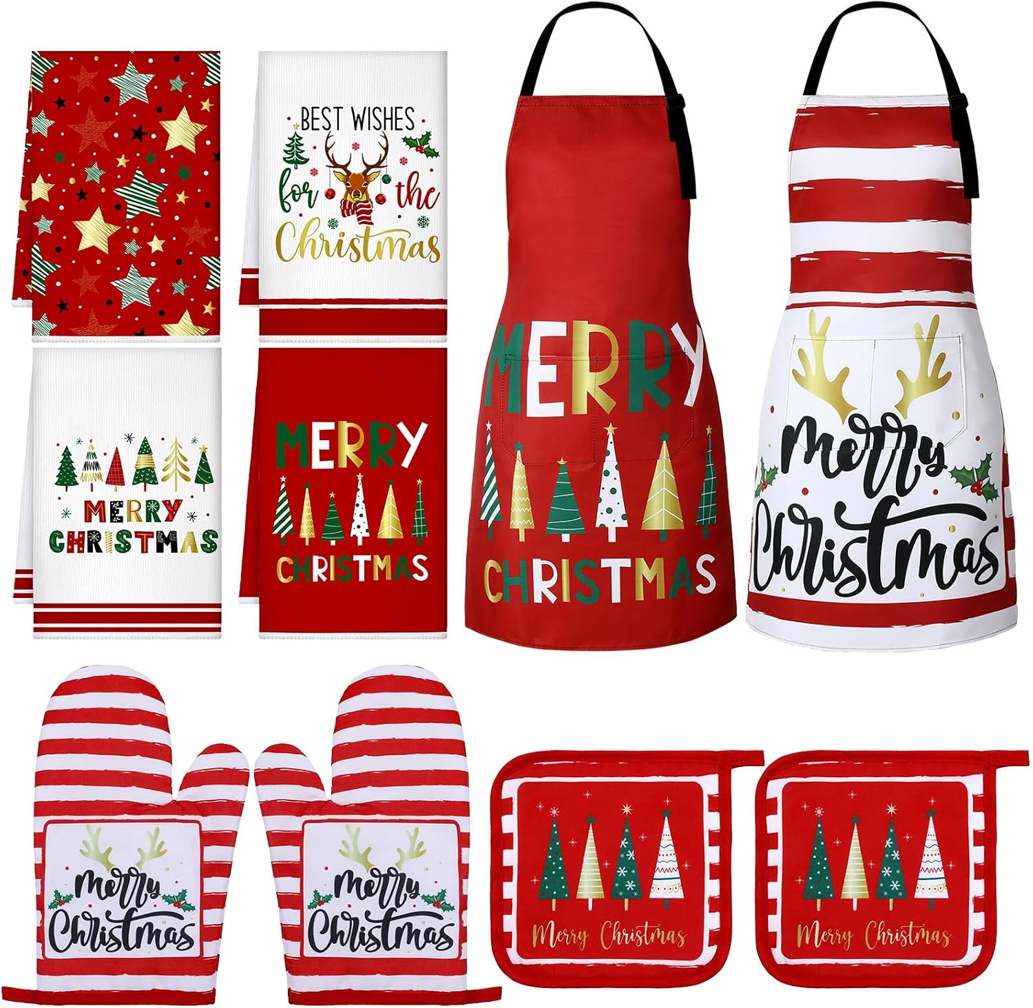 Geetery 10 Pcs Christmas Kitchen Towels Oven Mitt and Pot Holder Apron Set Tree Cotton Set Mitten Gloves Potholders Aprons Towels for Kitchen Cooking(Red Gold,Christmas)