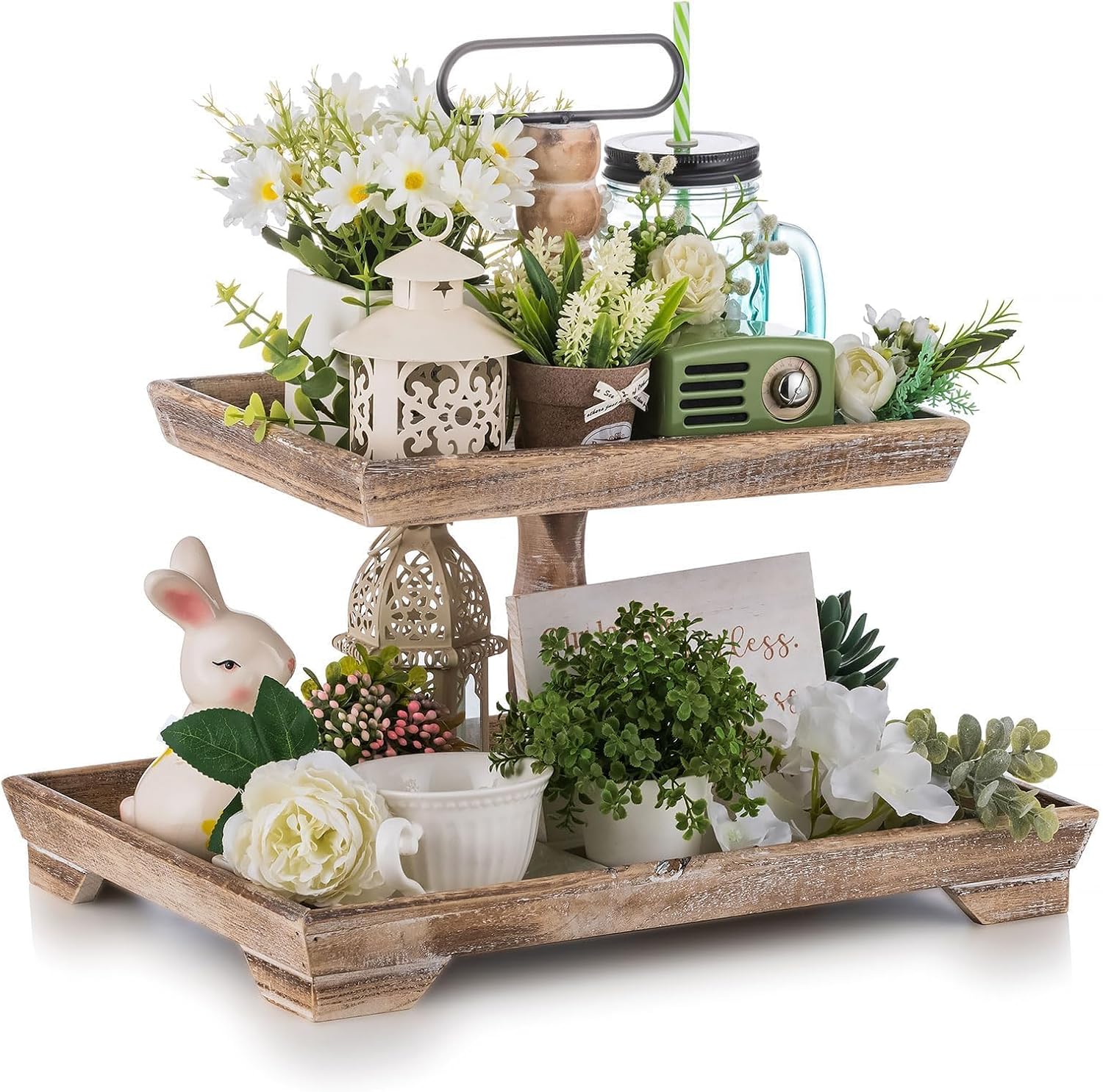 Hanobe 2 Tiered Decorative Tray Stand for Coastal Coffee Table Decor | Large Farmhouse Display Stands for Seasons – Wood for Kitchen Counter Decorations