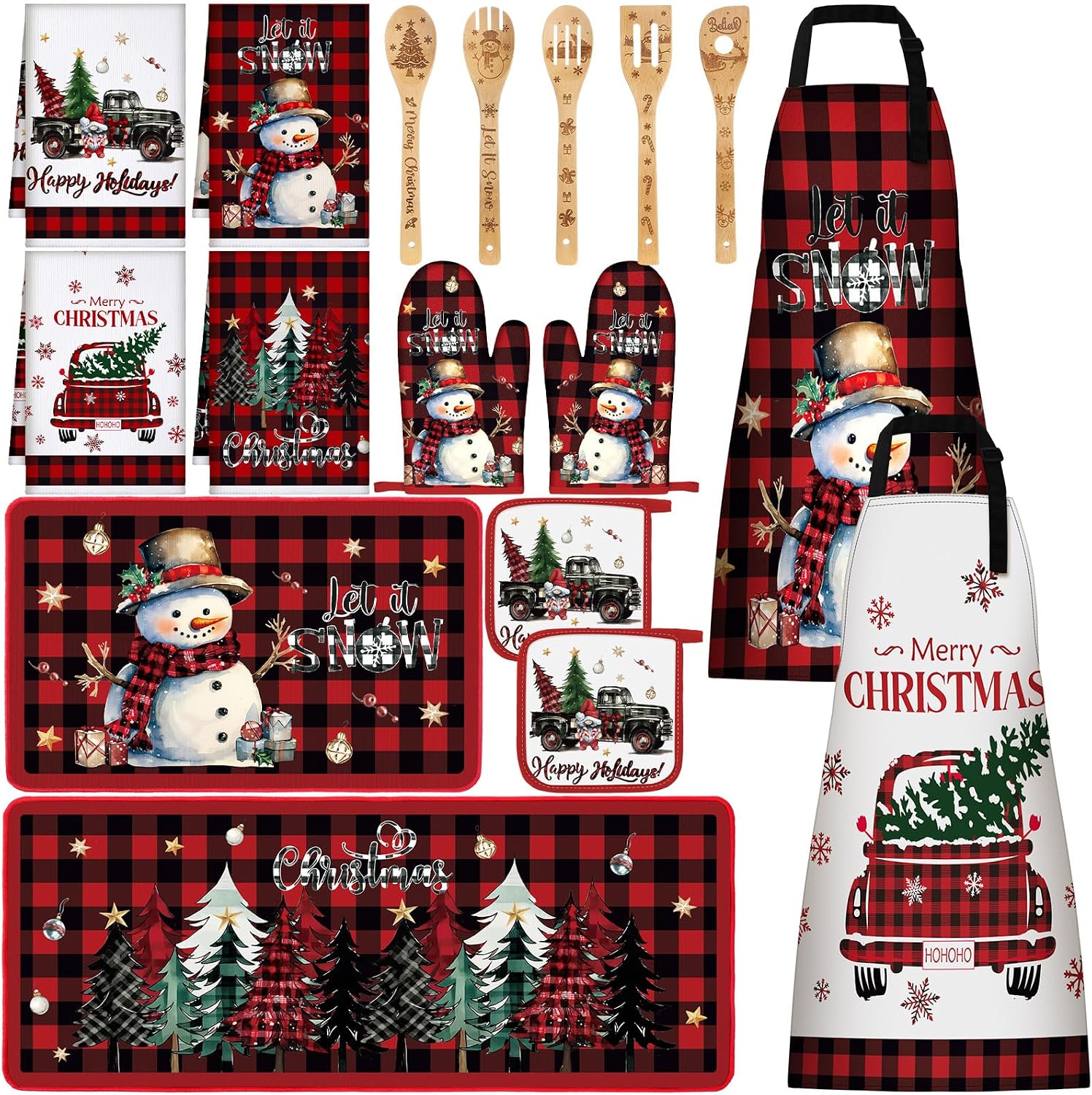 Bencailor 17 Pcs Christmas Kitchen Sets Plaid Kitchen Rug and Mat Xmas Mitts and Pot Holders Snowman Apron Christmas Tree Dish Towels Wooden Spoons for Xmas Holiday Decoration Housewarming Gifts