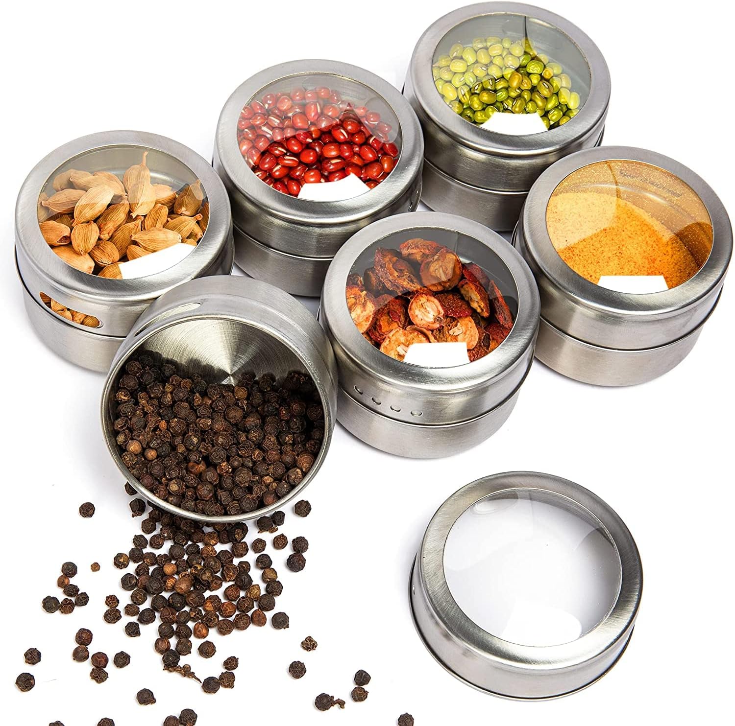 Stainless Steel Magnetic Spice and Condiment Organizer Kit – 6-Piece 75ml (2.5 oz) Seasoning Jars with Adjustable Pour Vents, Leak-Proof Magnetic Holder for Kitchen Countertops or Refrigerator Storage