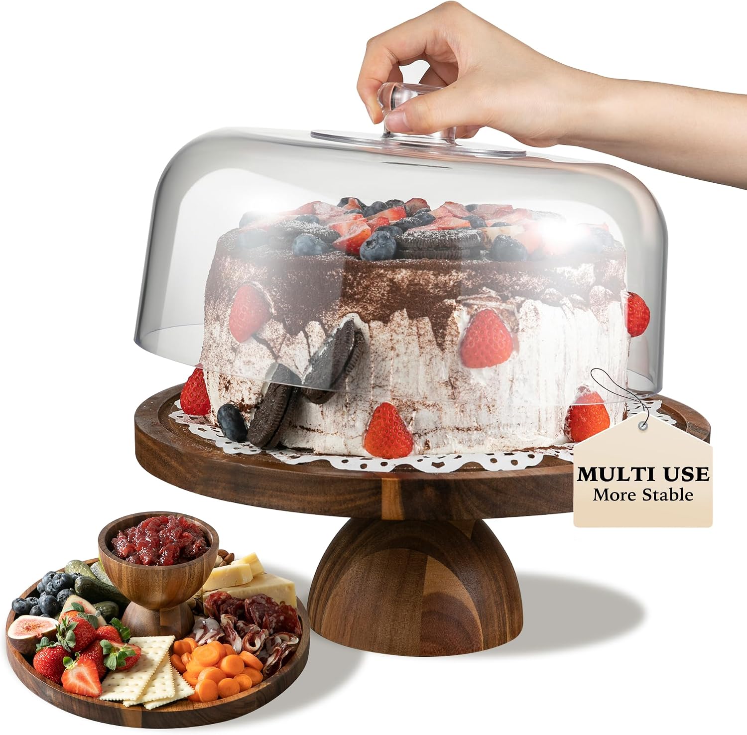 Cake Stand with Lid, 2 in 1 Acacia Wood Acrylic Dome, No Glass, 12in | 2 In 1 Cake Stand & Charcuterie Board, More Stable and Large, Suitable for Various Party Scenes, Inclued EDIBLE PENS with DIY