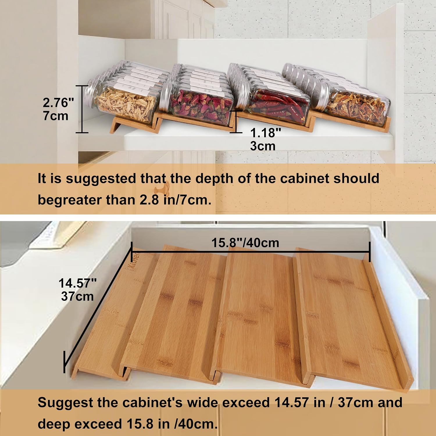 Spice Drawer Organzier,4 Tiers Bamboo Spice Rack Tray Insert for Cabinet Drawer Countertop, Kitchen Seasoning Storage Drawer Organization,14.57″ Wide x 15.8″ Deep （Hold UP To 32 Jars