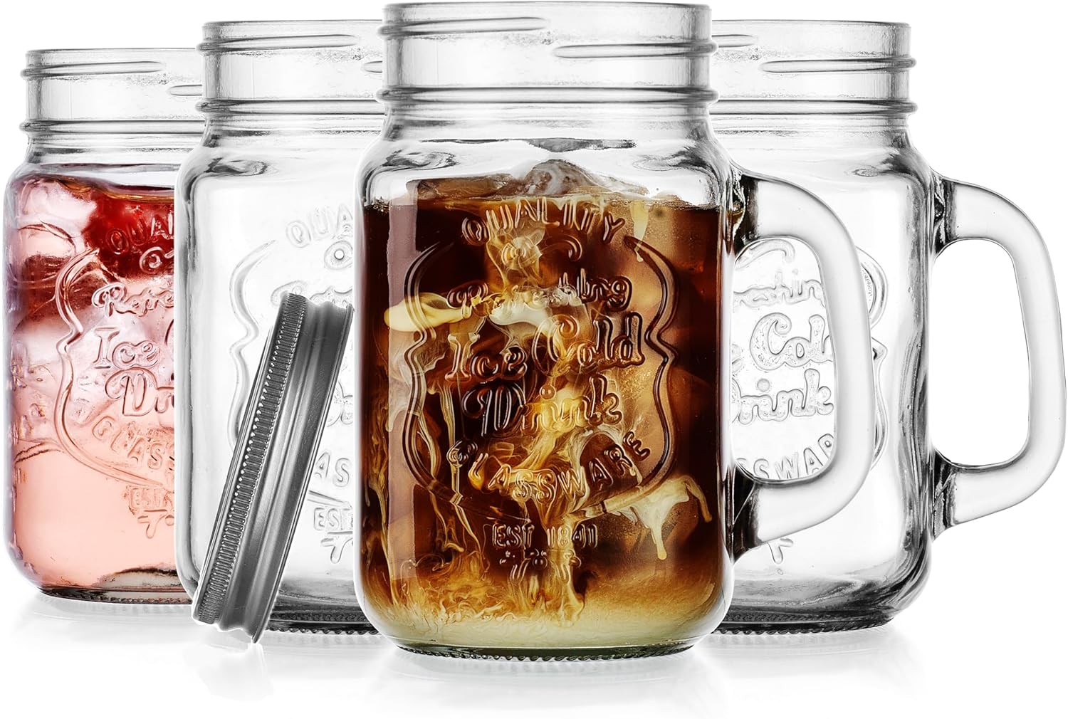 Glaver’s Mason Drinking Jars – Set of 4, 15.25 Oz Clear Glass Jar with Handle and Lid. – Ice-Cold Drink Glassware Logo – Glass Mugs Ideal for Cold Beverages, Juice, Smoothie, Cocktails.