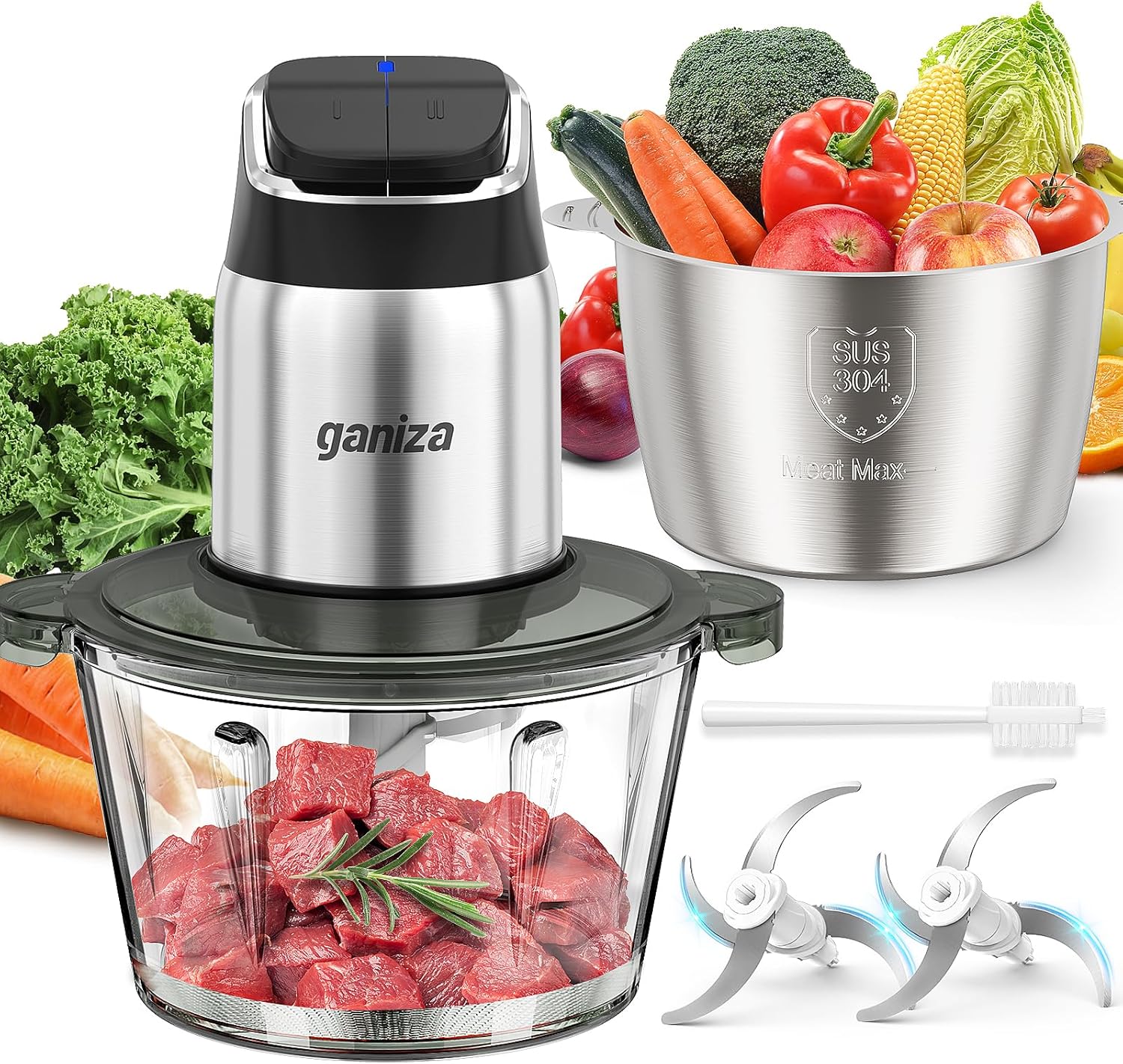 Ganiza Food Processor with Dual Bowls, 2-Speed Food Chopper & Meat Grinder | 8Cup Stainless & 8Cup Glass Bowls, Upgraded Button & Smart Overheat Protection Light – Includes Clean Brush, 2 Sets of Blades