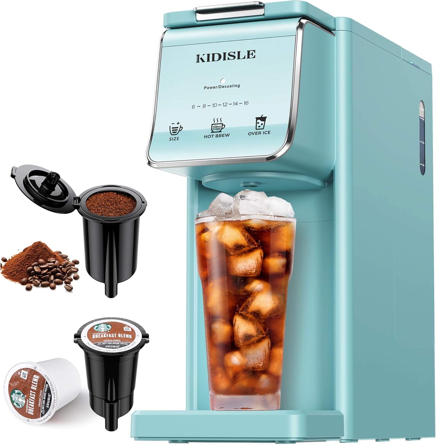 KIDISLE Hot & Iced Single Serve Coffee Maker for K Cup & Grounds, 6-16oz Sizes, 40oz Water Tank, Reusable Filter, Compact for Home Office Dorm, Blue