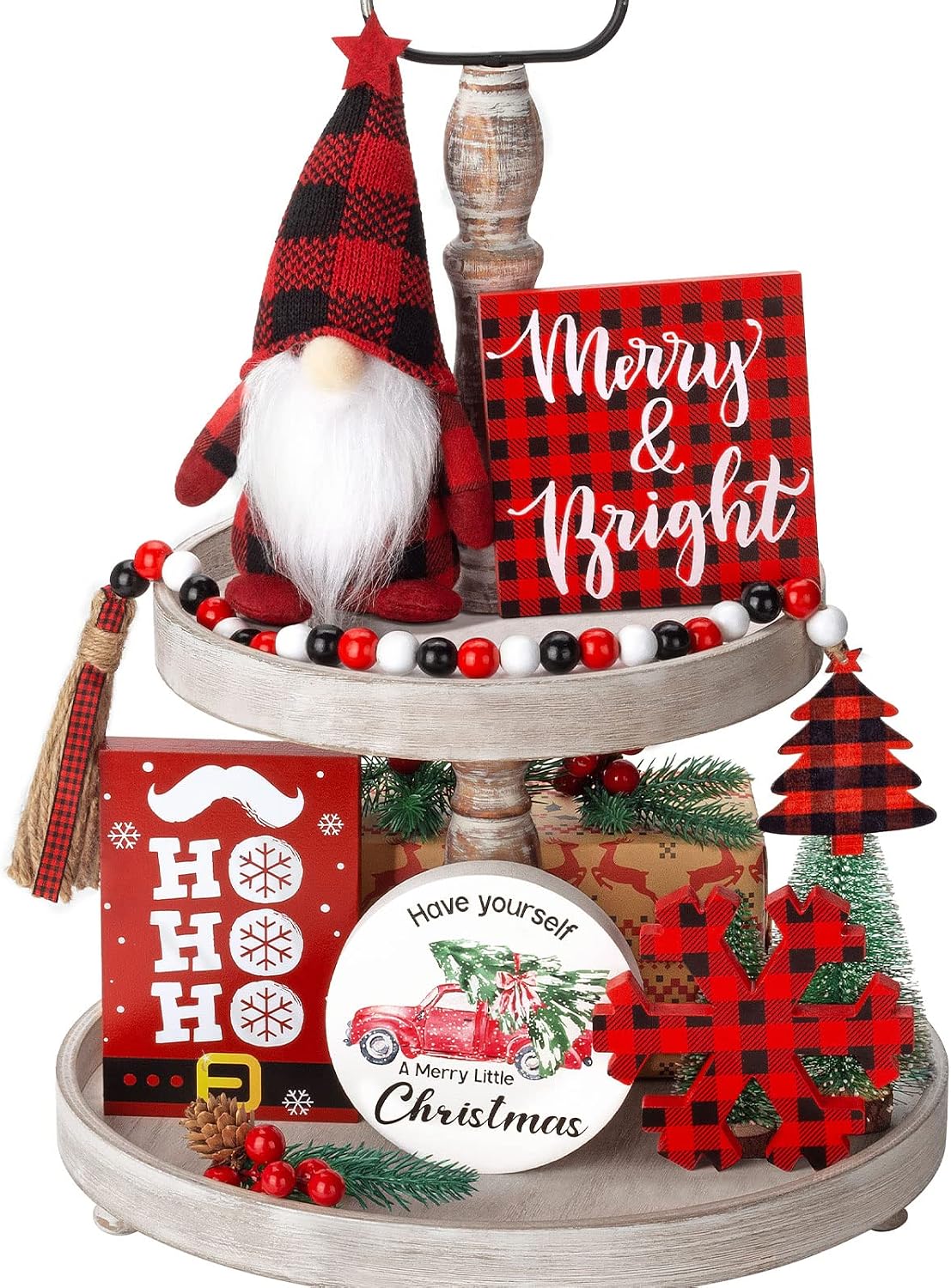 Christmas Tiered Tray Decor 6 PCS Xmas Decorations for Home – Xmas Table Decor Wooden Signs & Buffalo Plaid Gnome Plush Set – Farmhouse Christmas Tray Decoration Kitchen Table Mantel