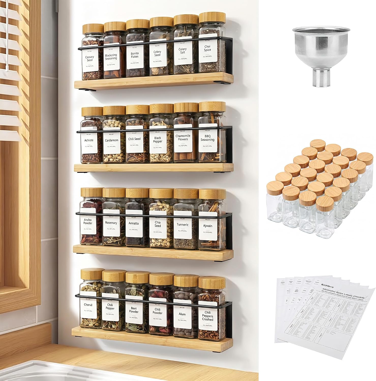 Bamboo Magnetic Spice Rack for Refrigerator, Space Saving Complete Set with 24 Bamboo Lid Glass Jars, 216 Waterproof Labels & Steel Funnel, Fridge Spice Organizer, 11.6″ W x 2.4″ D x 3.2″ H