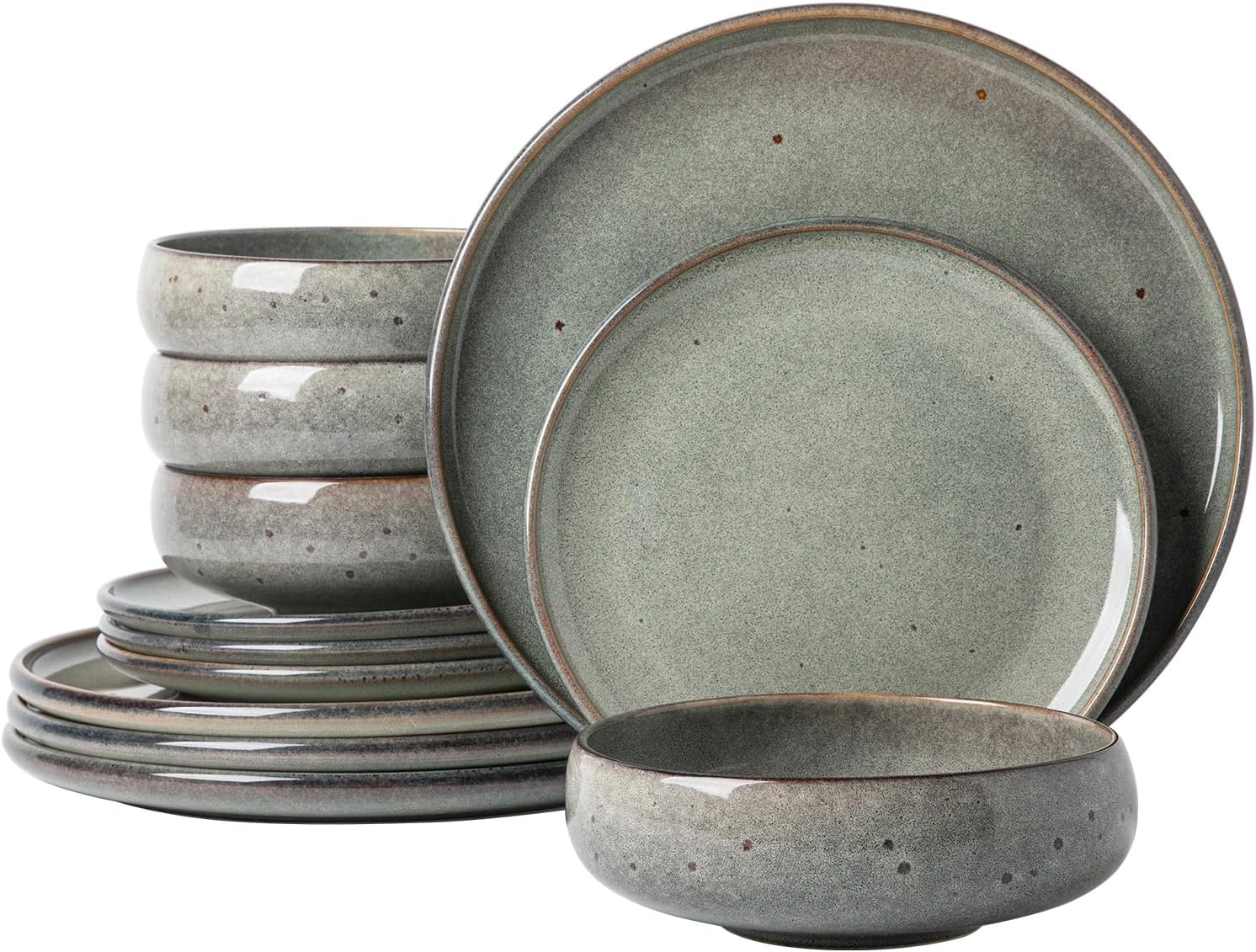 12-Piece Stoneware Dinnerware Set,Service for 4,Reactive Glaze Ceramic Dishes with Plates & Bowls,Microwave & Dishwasher Safe, Modern Minimalist Light Green Kitchen Set for Home,Restaurant