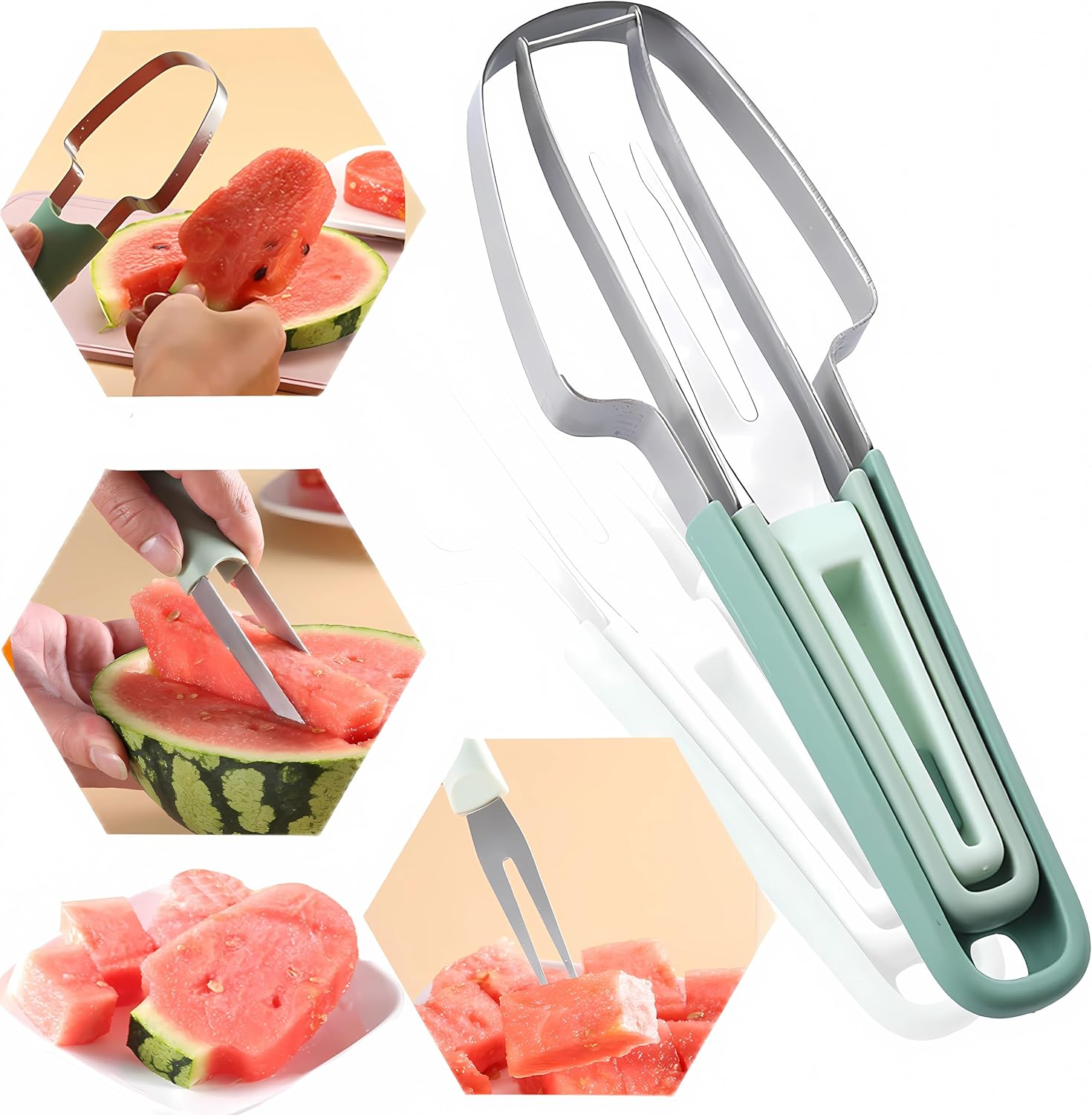 3-in-1 Watermelon Cutter Slicer Tool,Stainless Steel Watermelon Cutter Watermelon Popsicle Cutter Mold Watermelon Fork Fruit Cutter Tool for Kitchen Utility Gadgets