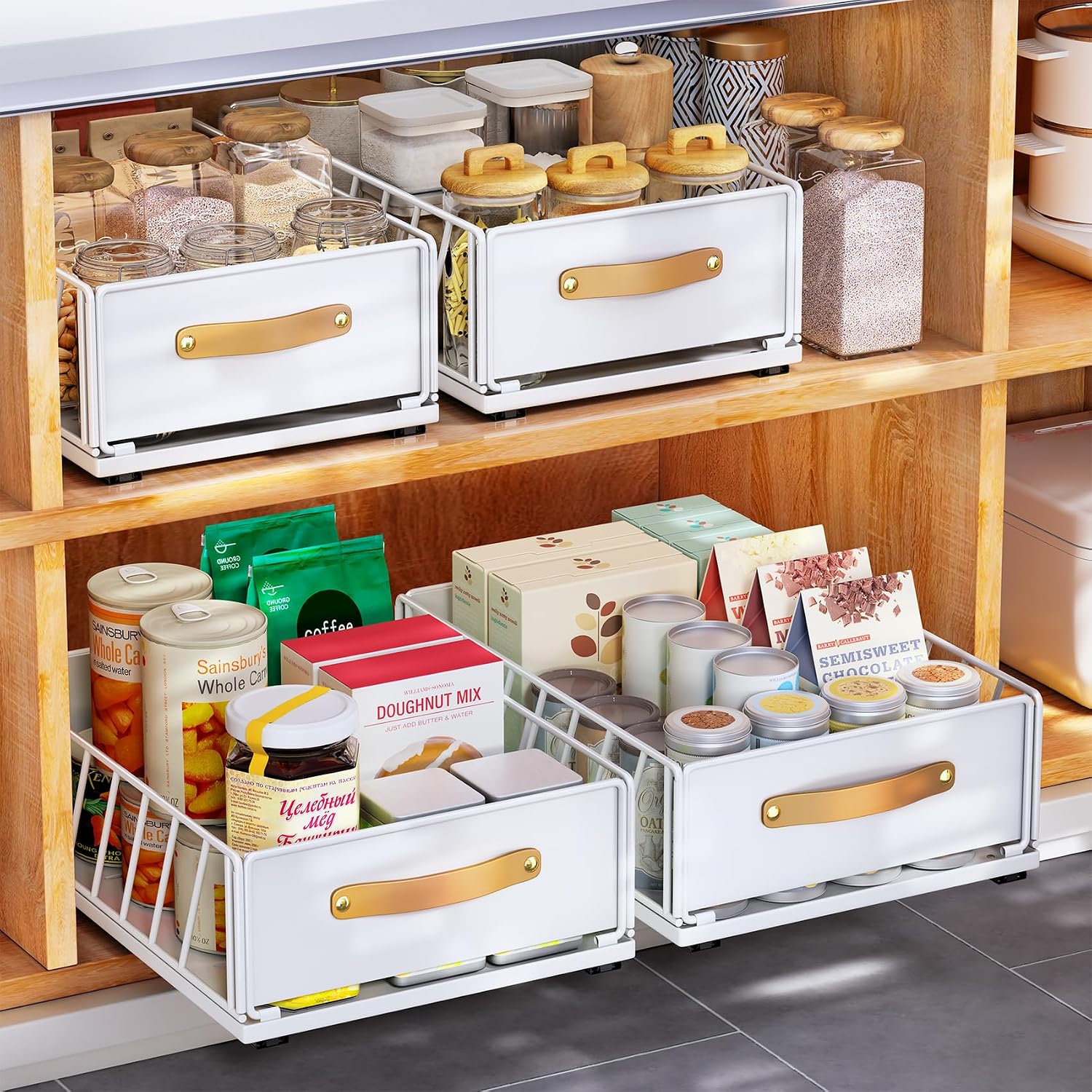 Pull out Cabinet Organizer,Heavy Duty Slide out Pantry Shelves Drawer Storage with Adhesive Nano Film,Sliding Mesh Cabinet Basket with Handle for Kitchen, Bathroom, Home, 11.8W” X 15.7″D X 6.2″H,White