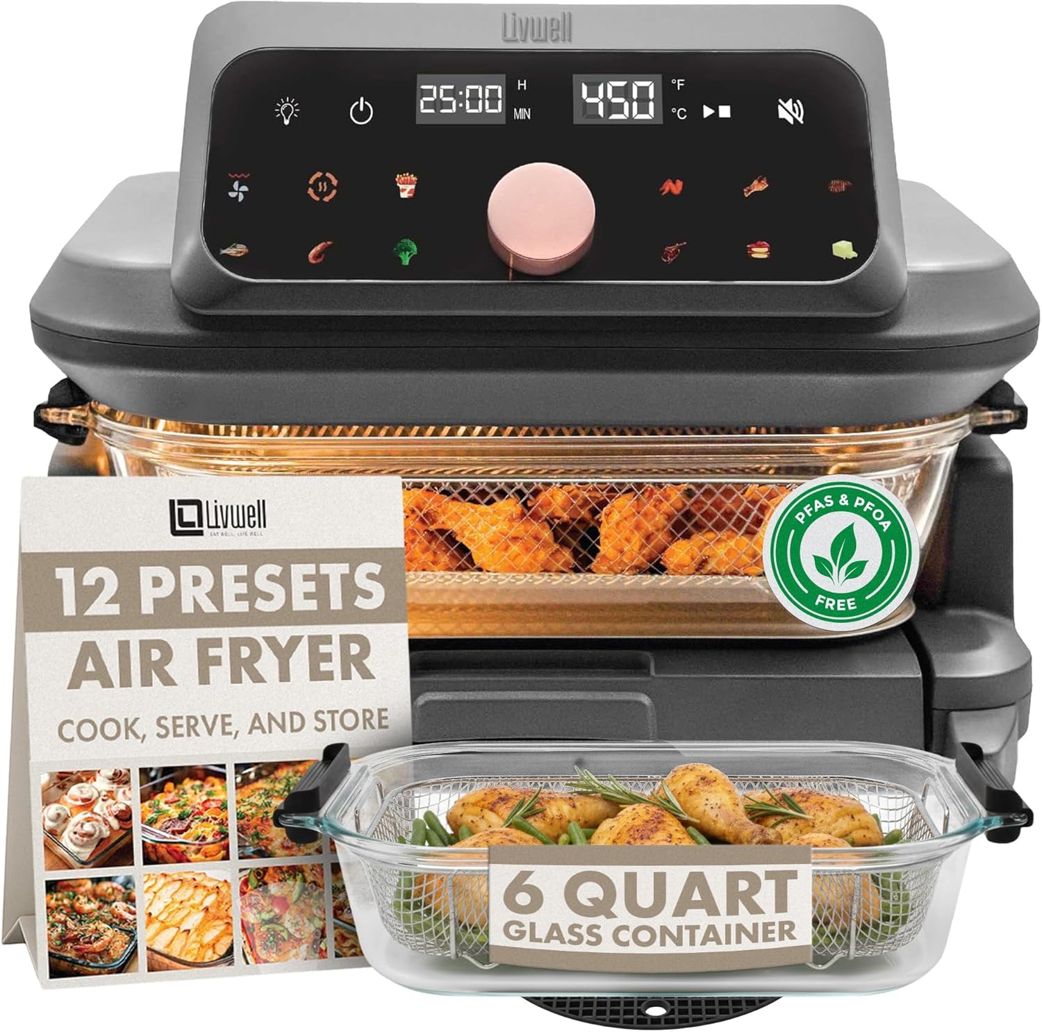 LIVWELL Smart Touch 6-Quart Glass Air Fryer with LED Touch Screen & Pull-Out Drawer | 12 Presets, PFOA & PFAS-Free | Dishwasher-Safe Casserole, Silicone Handles & Trivet Included