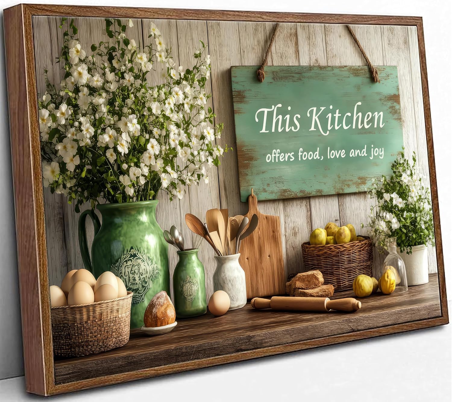 Framed Country Kitchen Food Still Life Canvas Wall art Vintage Rustic Farmhouse This Kitchen Offers Food Love and Joy Painting Picture Wall Decor Poster Print Artwork for Dining Room Home Decoration