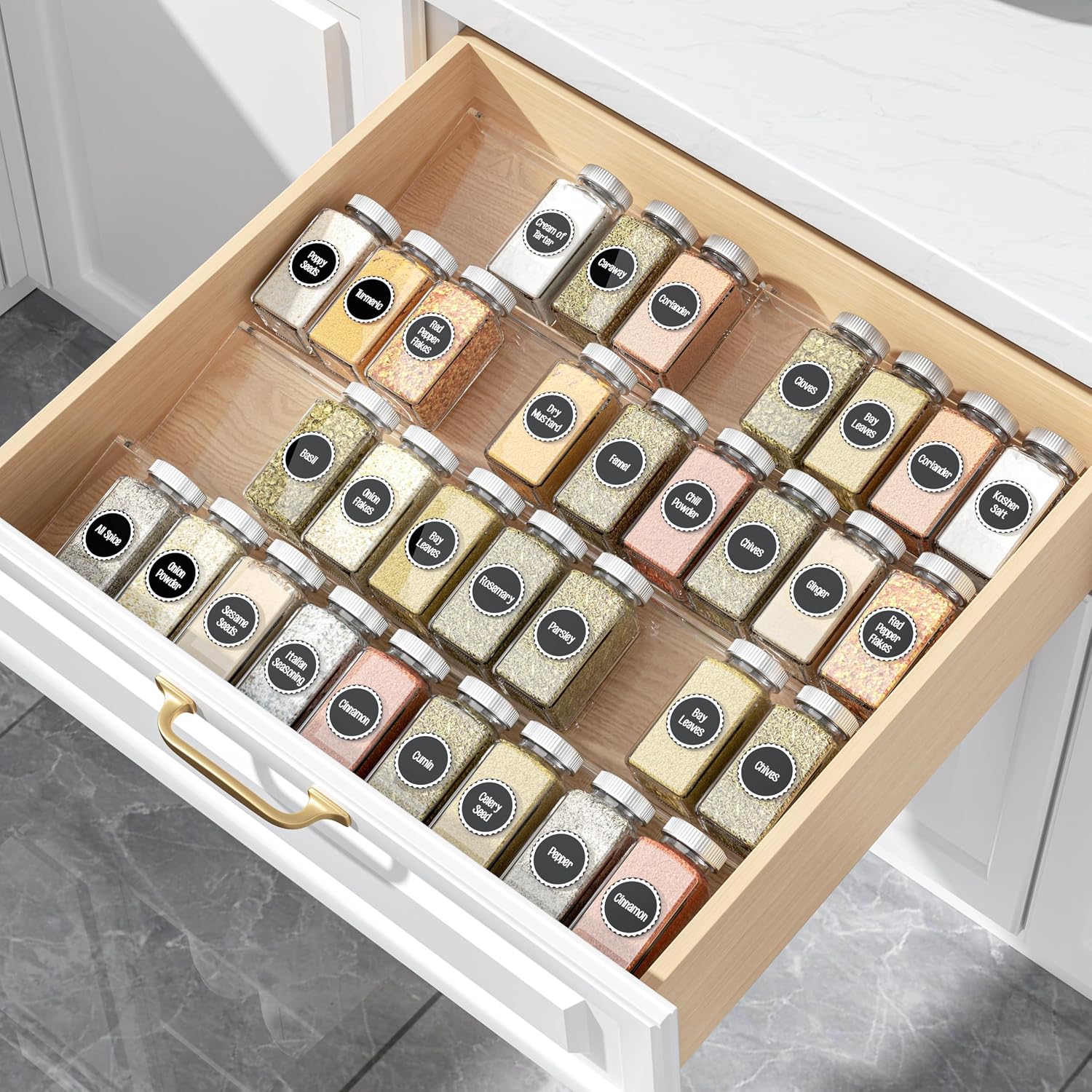 MIUKAA Clear Acrylic Spice Drawer Organizer, 4 Tier- 2 Set Expandable From 9″ to 18″ Seasoning Jars Drawers Insert, Kitchen Spice Rack Tray for Drawer/Countertop (Jars not included)