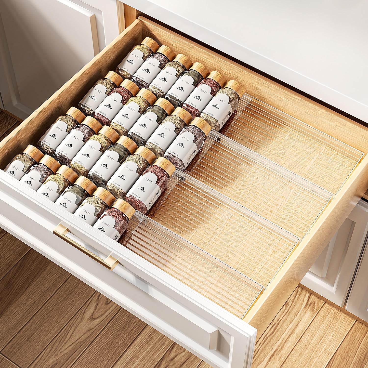 MUDEELA Clear Spice Drawer Organizer, 4 Tier- 2 Set (8 Packs) Spice Rack for Drawer, Expandable From 11″ to 22″ Kitchen Seasoning Organizers and Storage for Drawer (Jars not included)