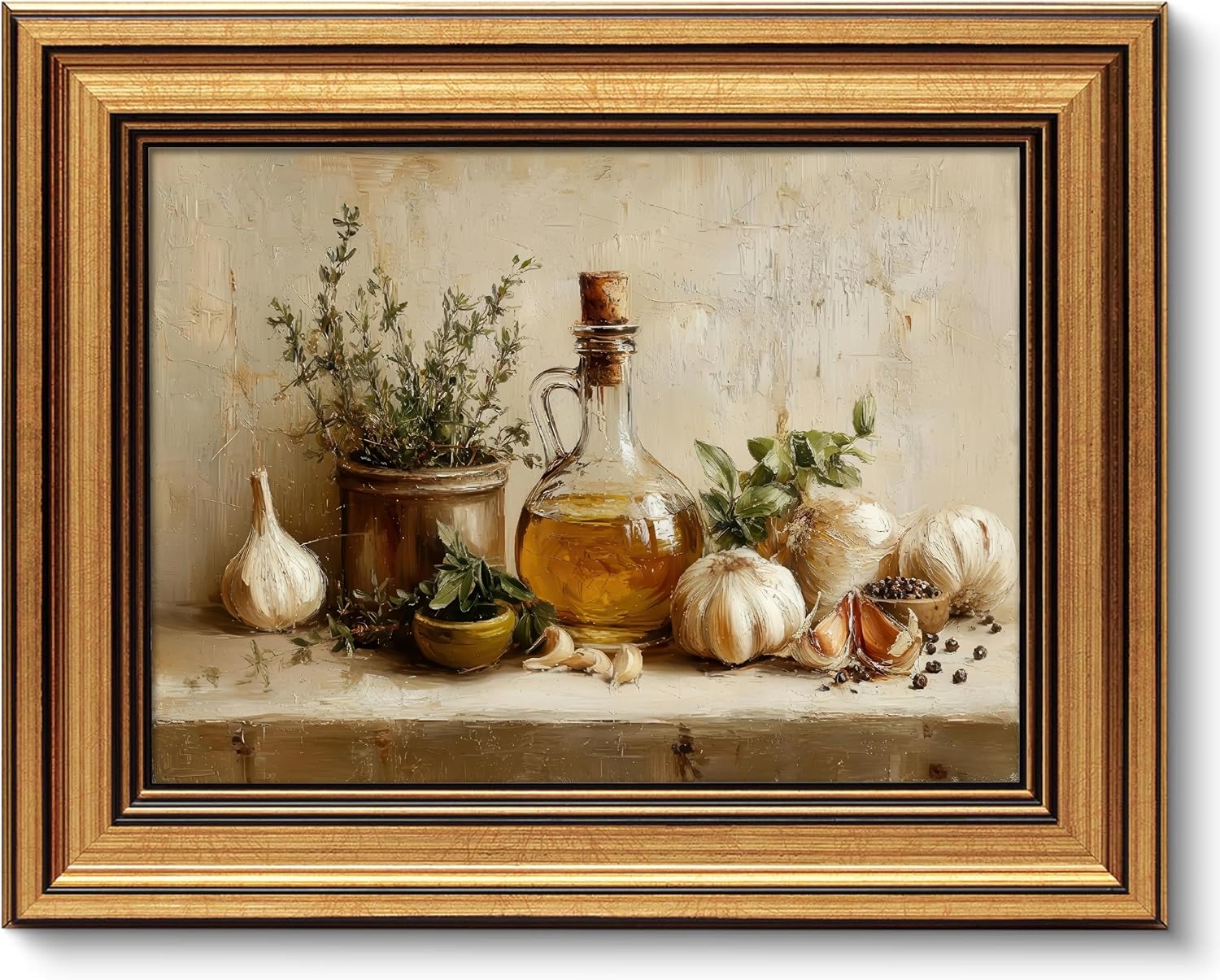 NALEPS Vintage Gold Framed Rustic Kitchen Wall Art, Antique Still Life Canvas Painting Picture, Farmhouse Culinary Decor for Dining Room, Kitchen, Damage-Free Ready to Hang, 9×11 in