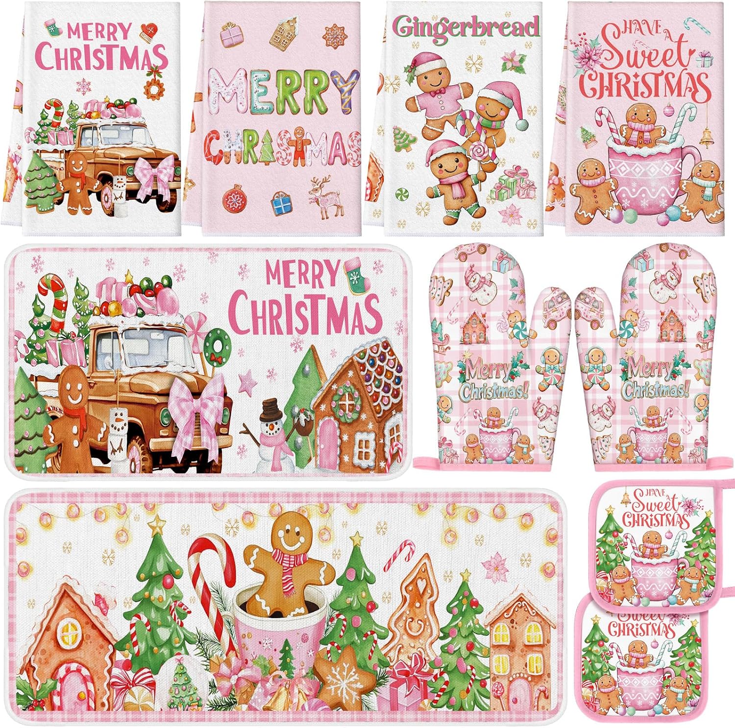Fanfanwin 10 Pcs Winter Oven Mitts Pot Holders Kitchen Rug and Towel Set Absorbent Towels for Baking Cooking BBQ Gifts Kitchen Decor(Pink,Gingerbread Man)