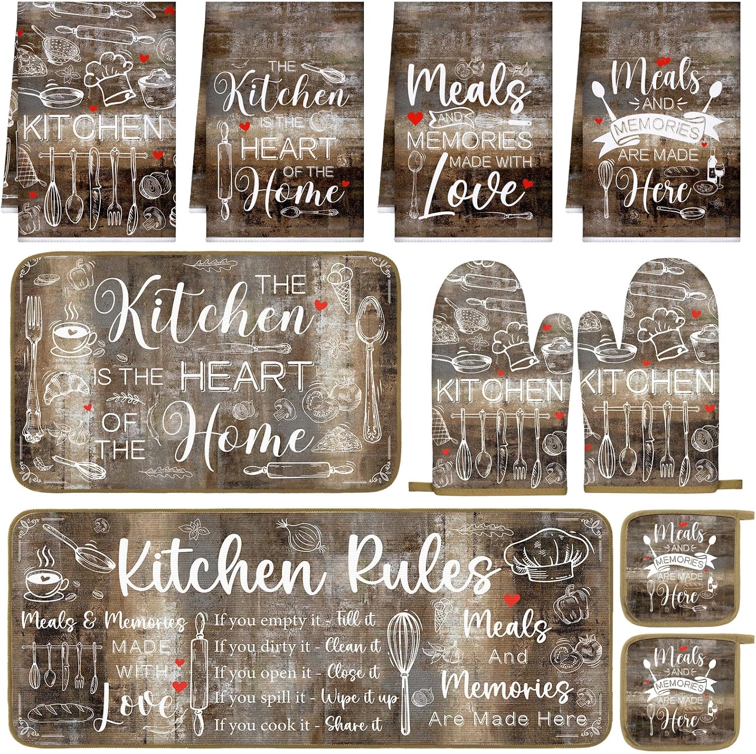 Fourluoo 10 Pcs Brown Kitchen Decor and Accessories Set Farmhouse Oven Mitts and Pot Holders Brown Dish Towels Kitchen Rugs and Mats for Home Decorations Baking Cooking Birthday Summer Gifts