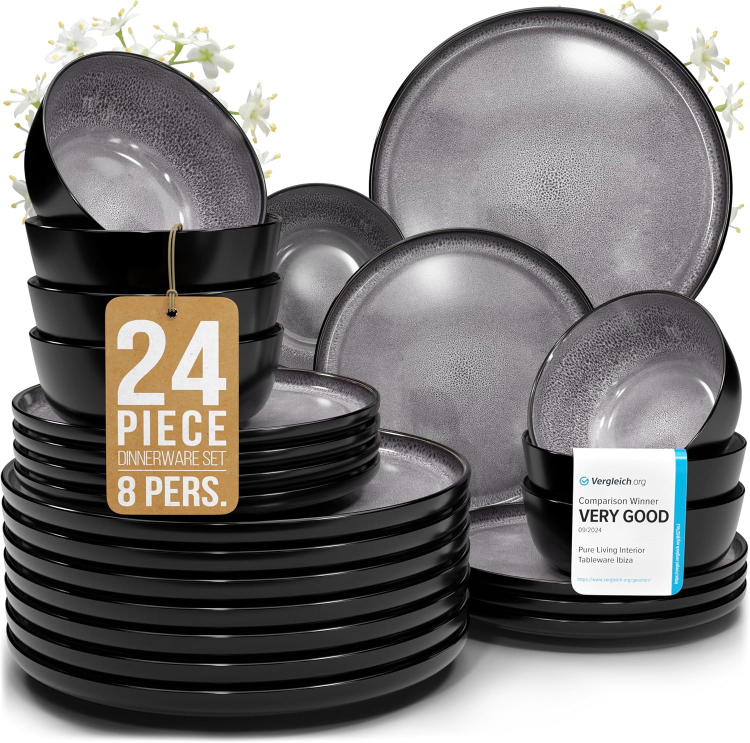 24 Piece Stoneware Dinnerware Set for 8 – Handmade Reactive Glaze Plates and Bowls Set – Lead & Cadmium Free – Chip & Scratch Resistant – Dishwasher Microwave Safe – Dark Gray