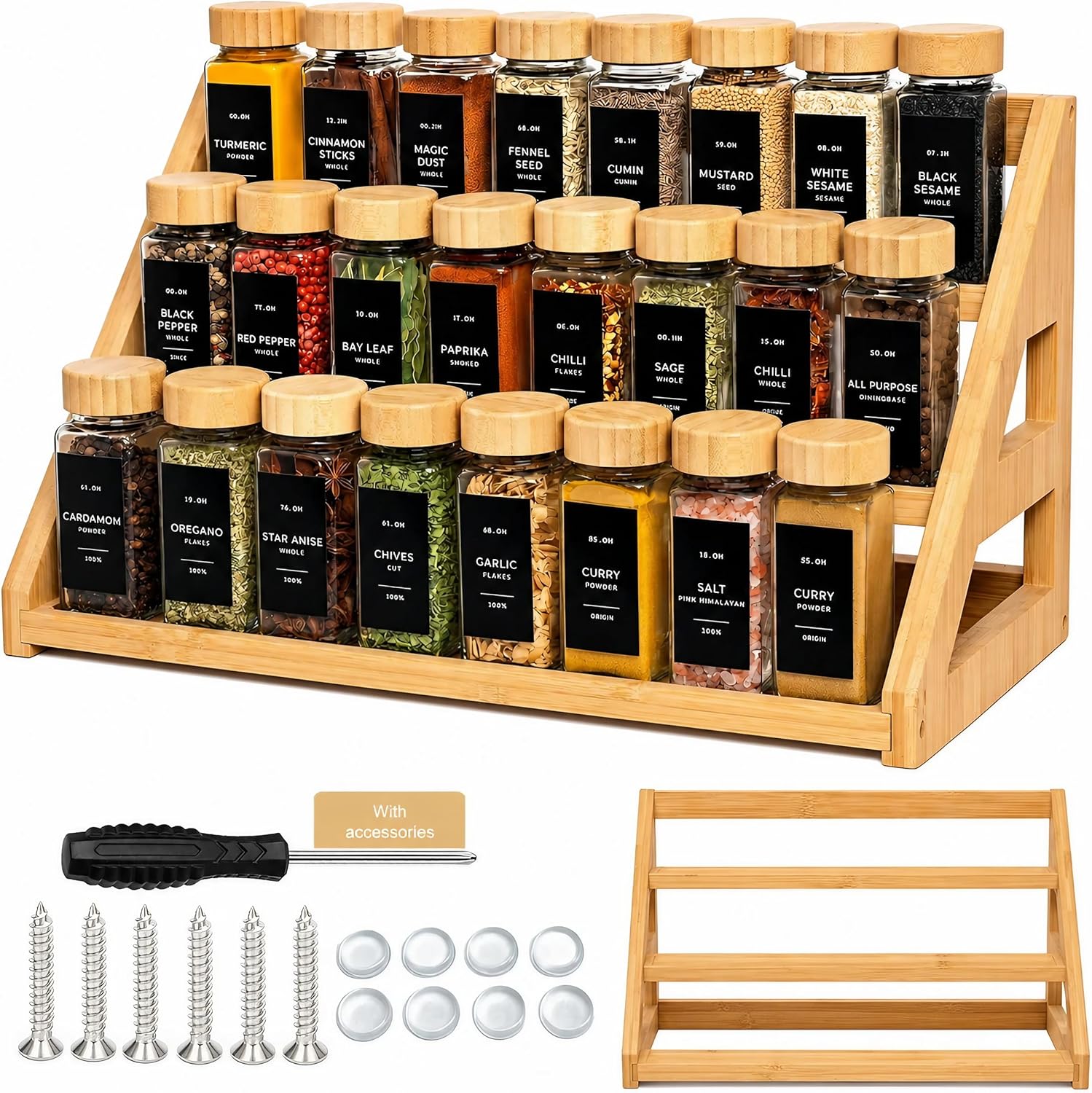 Bamboo Tier Spice Rack Organizer: 17.5 Inch Wide Kitchen Cabinet Countertop Spice Jar Organizer for Home Organization