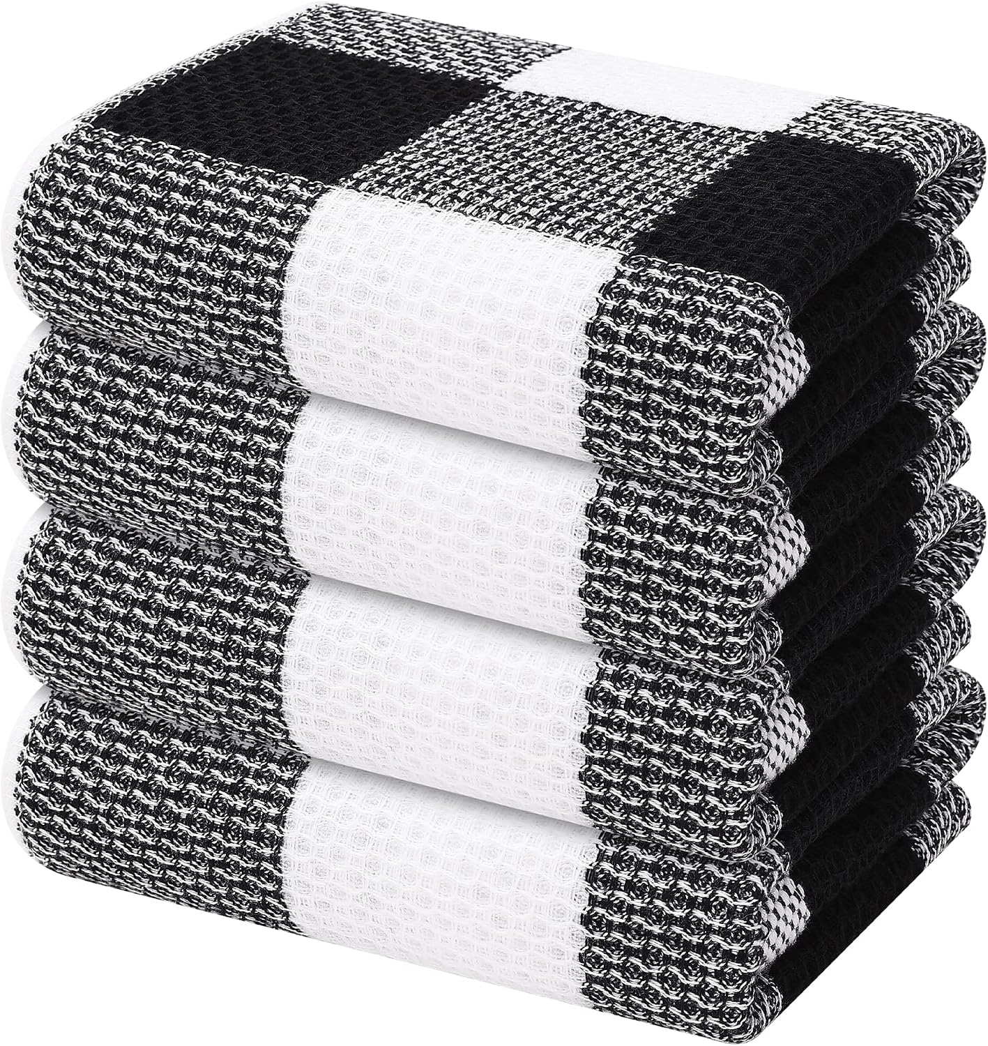 Mordimy 100% Cotton Waffle Weave Kitchen Towels, 13 x 28 Inches, Super Soft and Absorbent Buffalo Check Dish Towels for Drying Dishes, 4-Pack, Black & White