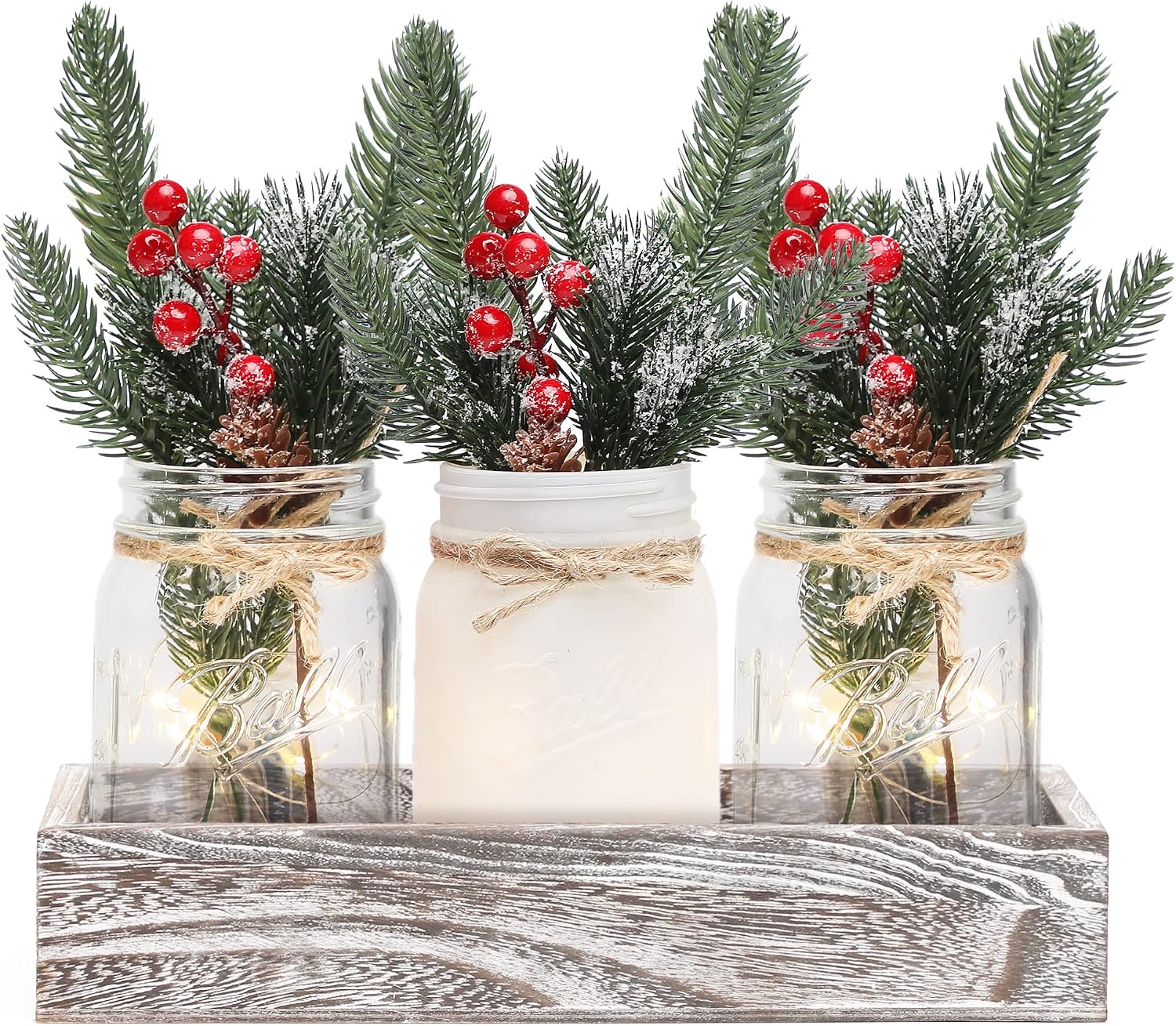 Winter Mason Jar Centerpiece for Table with LED Lights & Artificial Plants, Set of 3 Farmhouse Decorative Mason Jars for Christmas Home Decor, Winter Kitchen Dining Table Centerpiece