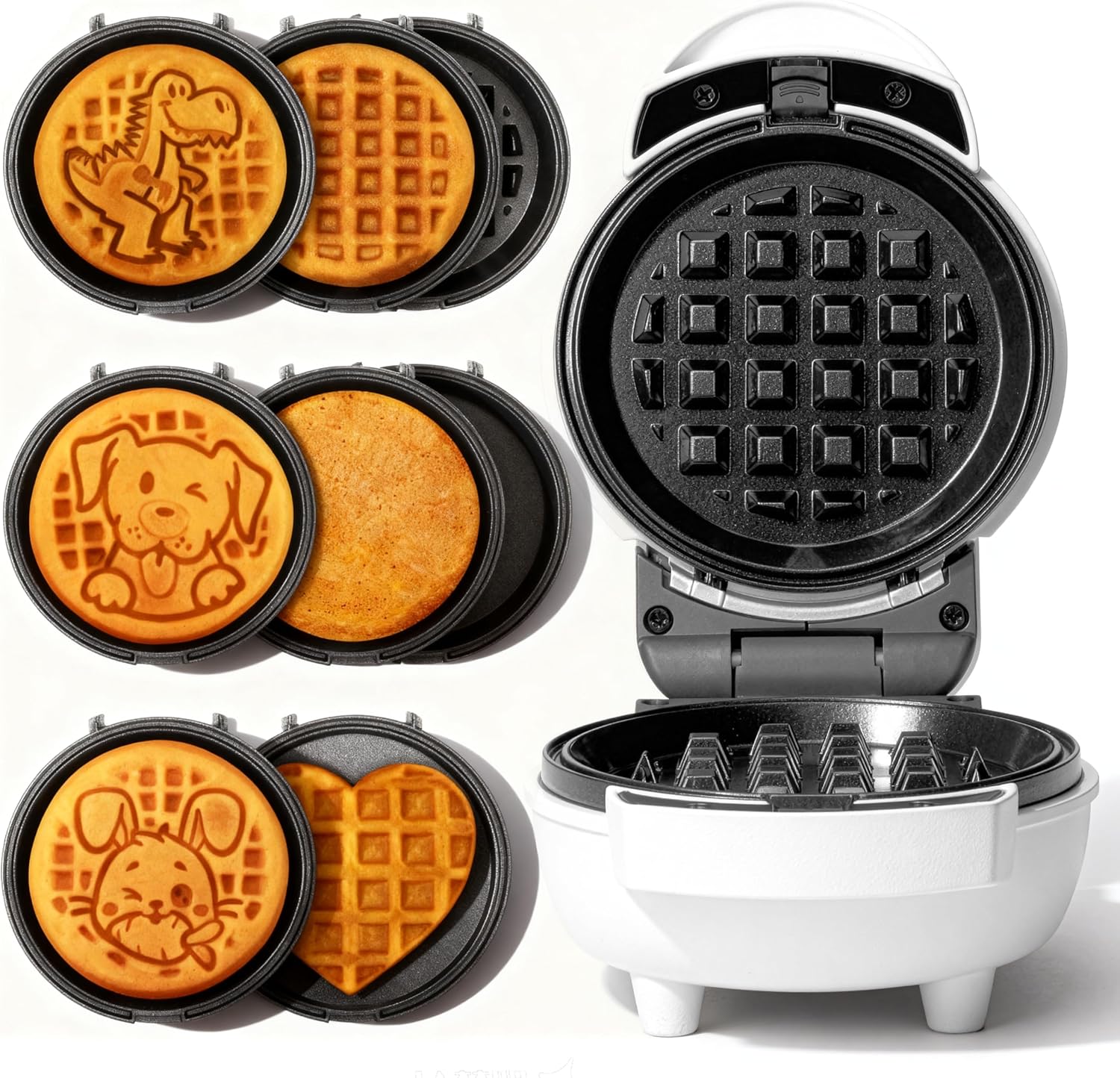 SugarWhisk 6-in-1 Mini Waffle Maker With Removable Plates, 4.5” Mini Waffle Iron for Holidays, Parties & Events Waffle Maker Machine, 8 Plates with Premium Ceramic Coating, White